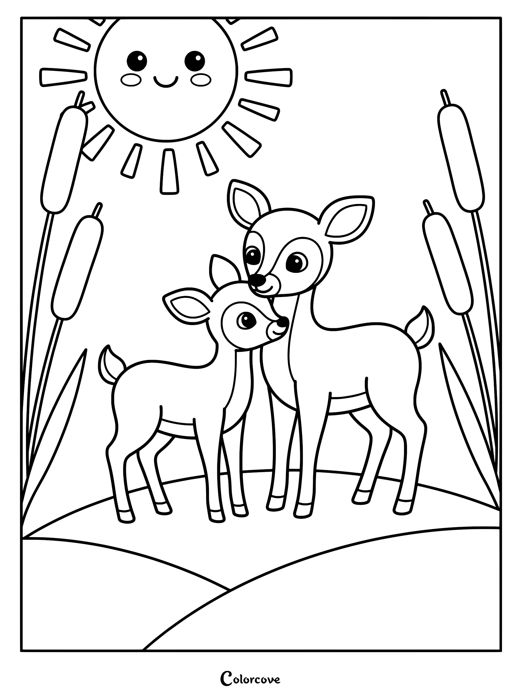A cute deer mother and her fawn standing together in a meadow with cattails and a smiling sun in this printable coloring page.