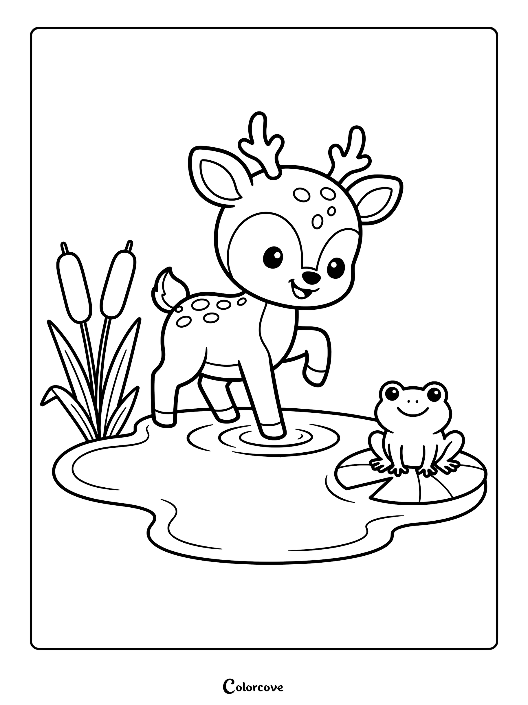 A cute deer standing in a pond with a frog on a lily pad, coloring page style line art.