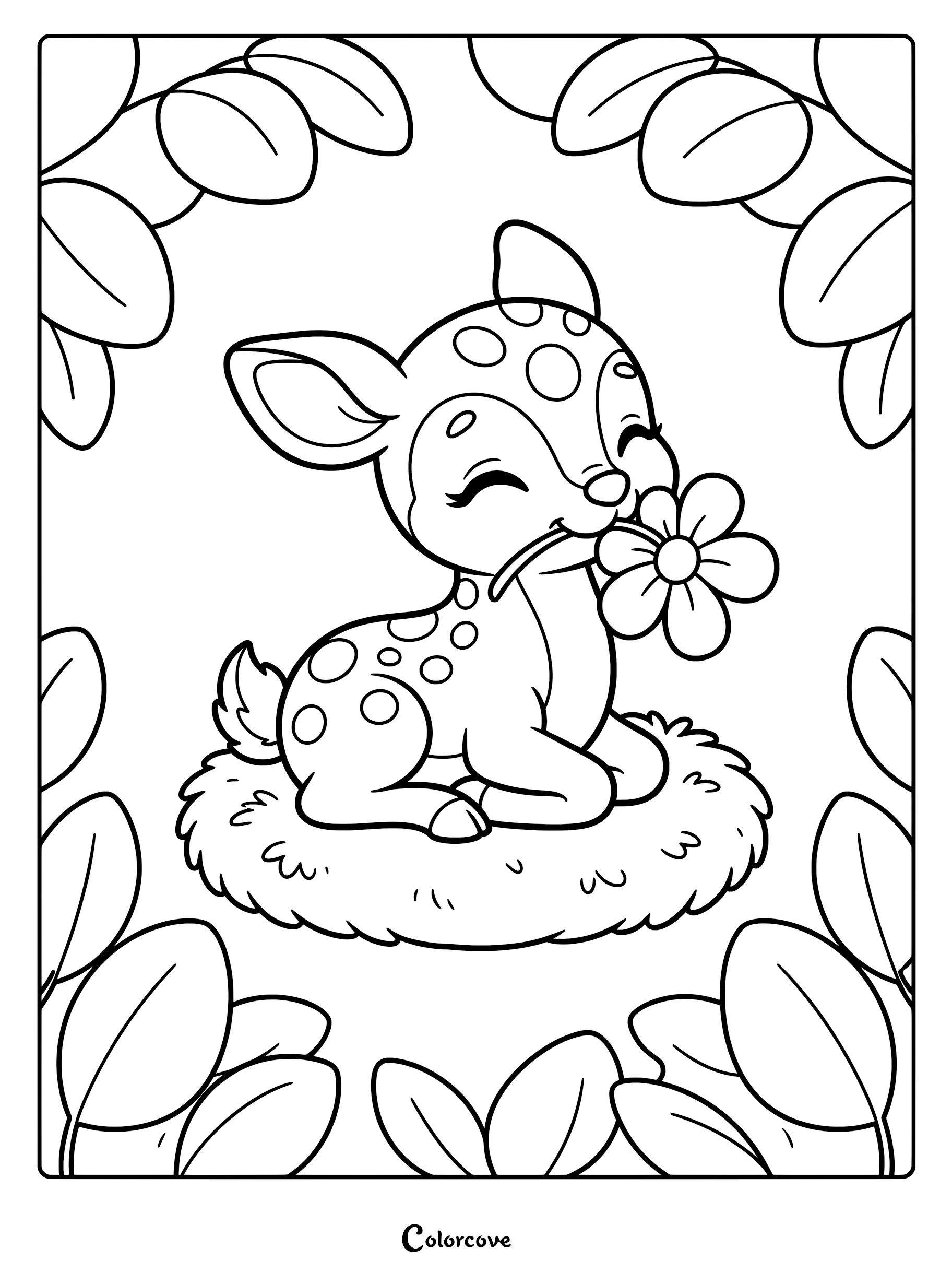 A cute spotted deer sitting on a grassy patch holding a flower in its mouth, framed by leaves in this coloring page.