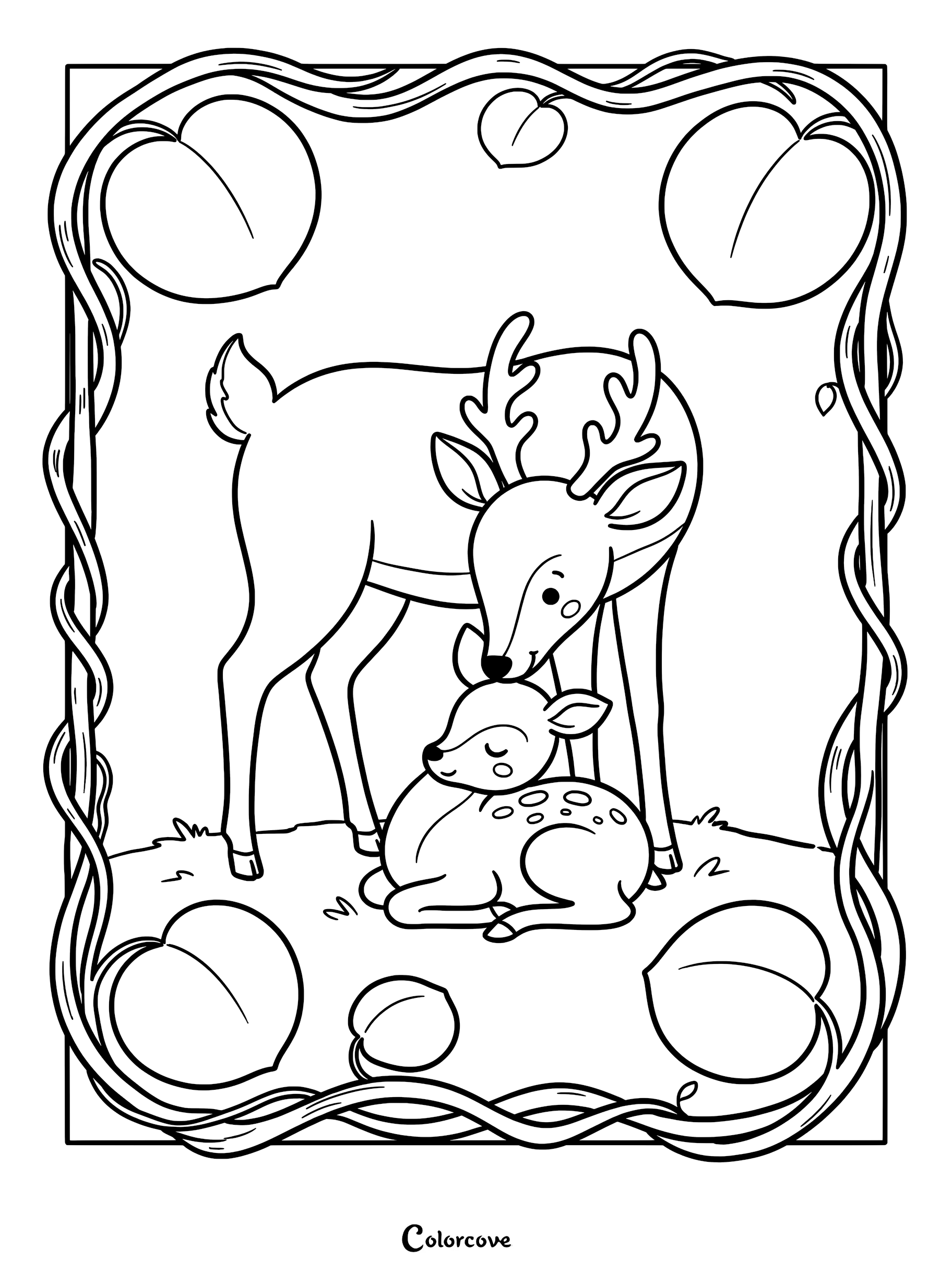 A mother deer with antlers nuzzling her sleeping fawn inside a decorative vine and leaf border coloring page.