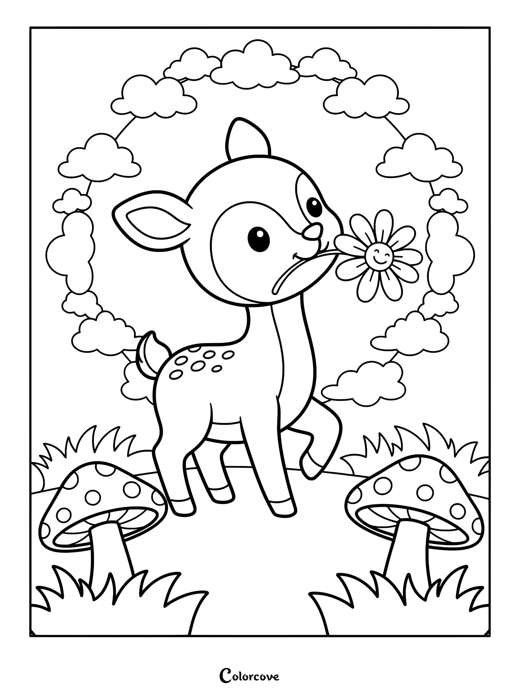 A cute deer holding a smiling flower in its mouth, surrounded by mushrooms and a cloud circle in this printable coloring page.