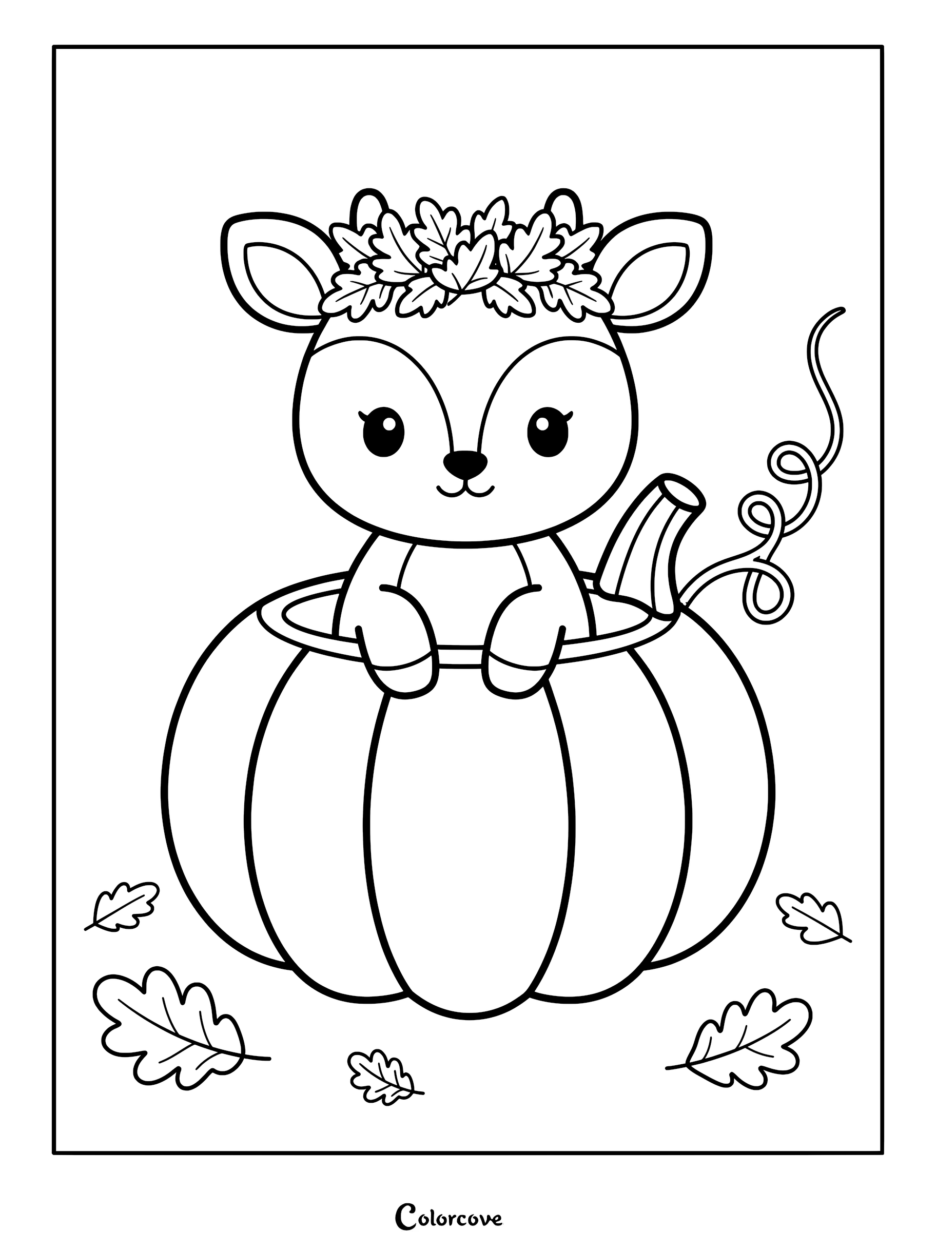 A cute deer wearing an oak leaf crown sitting inside a large pumpkin on this printable coloring page.
