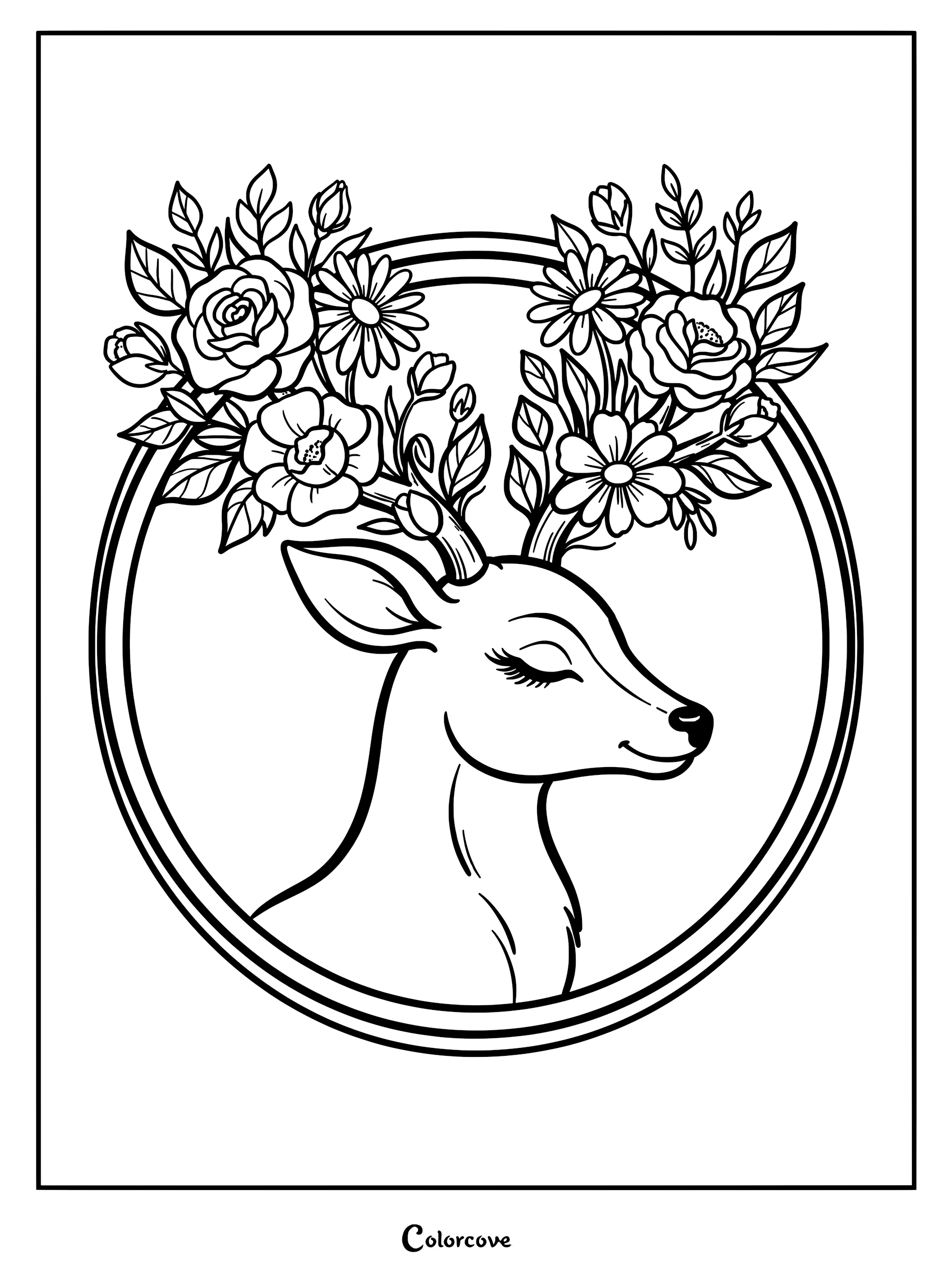 A cute deer with closed eyes and large floral antlers featuring roses and daisies inside an oval frame, coloring page.
