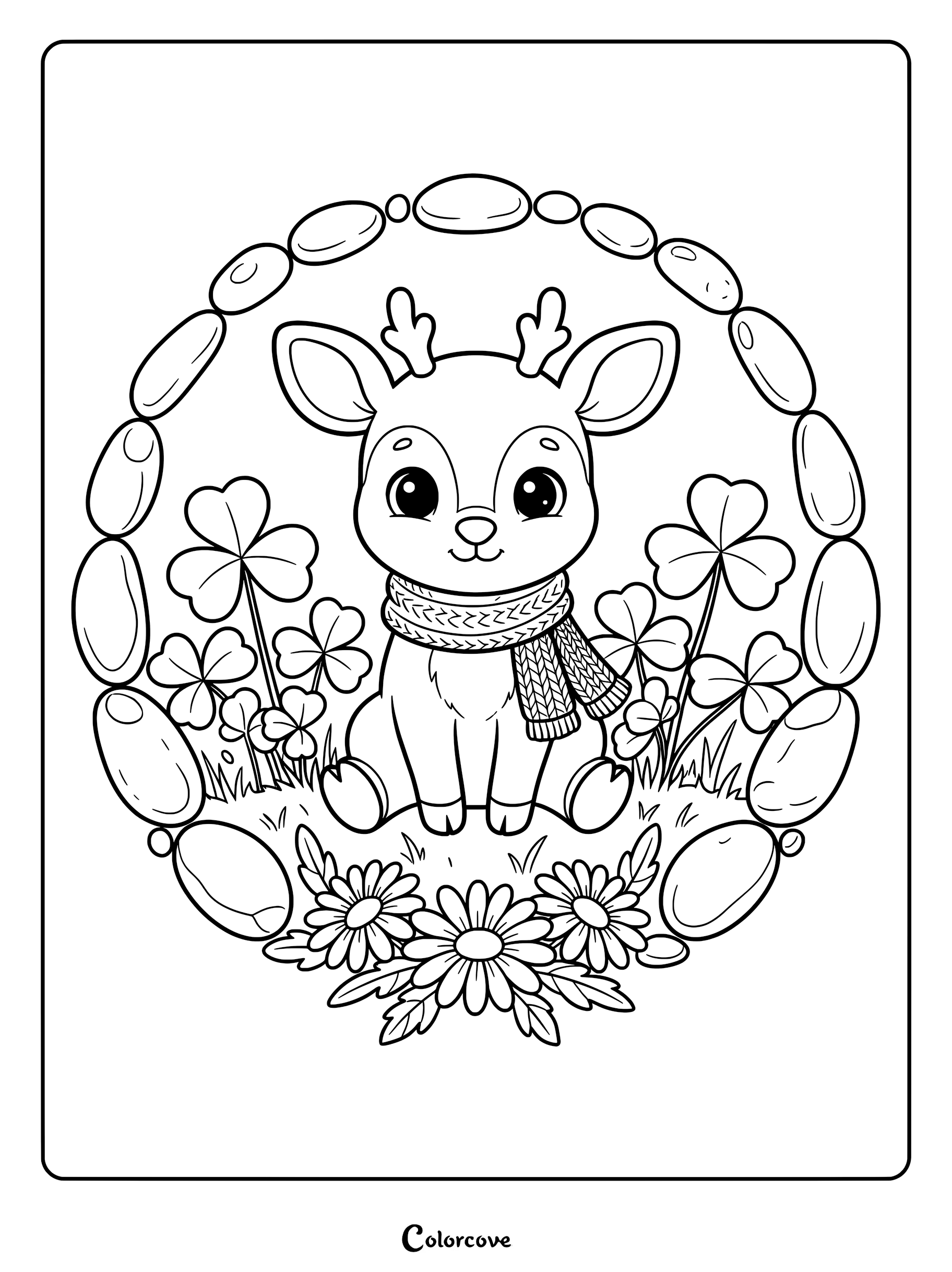 A cute deer wearing a knitted scarf sitting inside a circular frame of stones, clover leaves, and daisies on this printable coloring page.