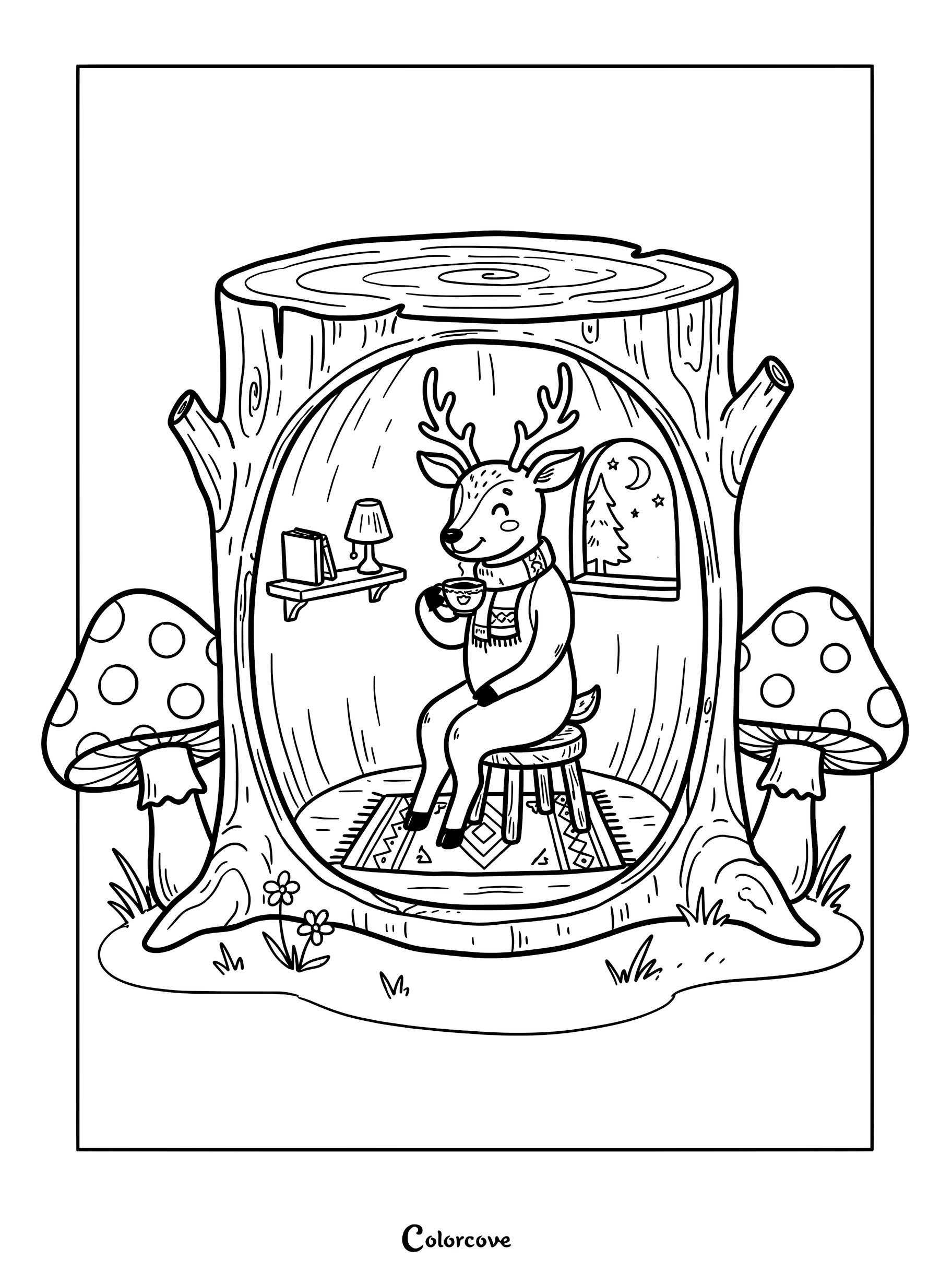 A cute deer wearing a scarf sits on a stool inside a hollow tree stump home, drinking tea, with a lamp, books, and a window view on this coloring page.