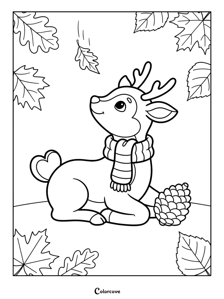 A cute deer wearing a striped scarf sitting next to a pinecone in a forest with falling autumn leaves coloring page.