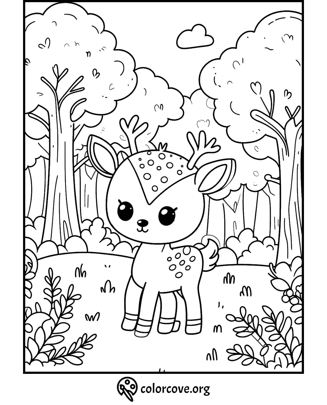 Cute baby deer in a forest - printable coloring page. Perfect for kids' coloring activities. Visit colorcove.org for more.