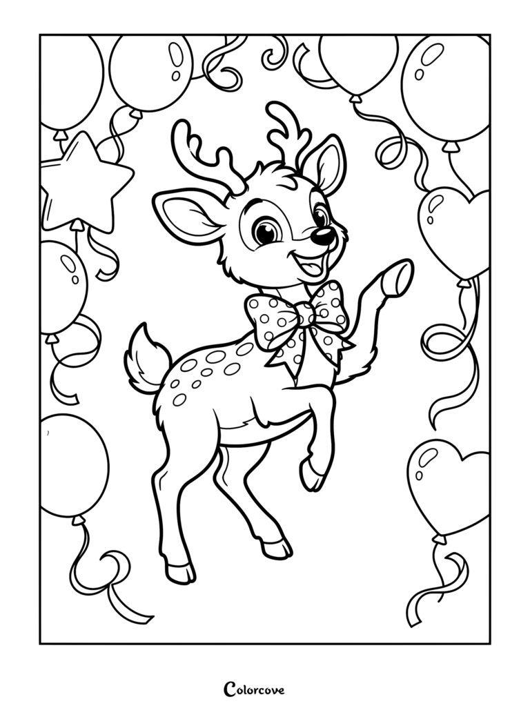A cute deer wearing a large polka dot bow surrounded by star, heart, and round balloons in this printable coloring page.
