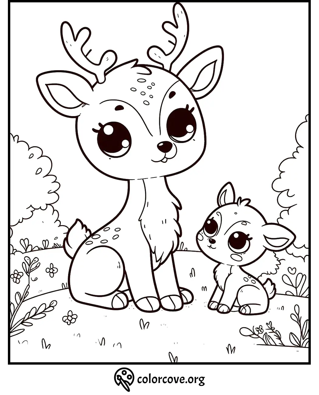 Adorable deer and fawn coloring page, perfect for kids. Free printable animal coloring sheets at colorcove.org.