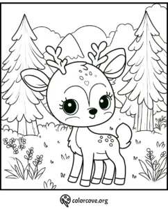 Cute baby deer coloring page for kids, featuring a forest background with trees and plants for coloring fun.