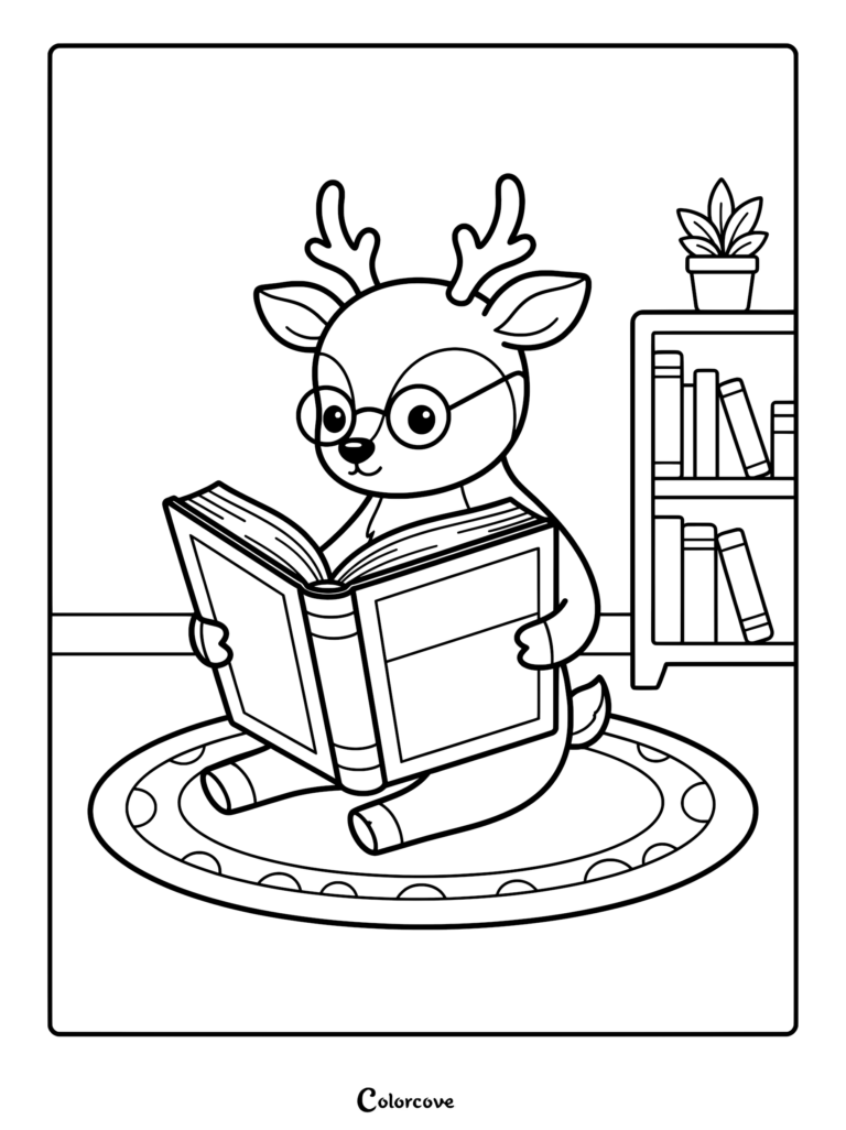A cute deer wearing round glasses sitting on a circular rug and reading a book, coloring page style line art with a bookshelf in the background.