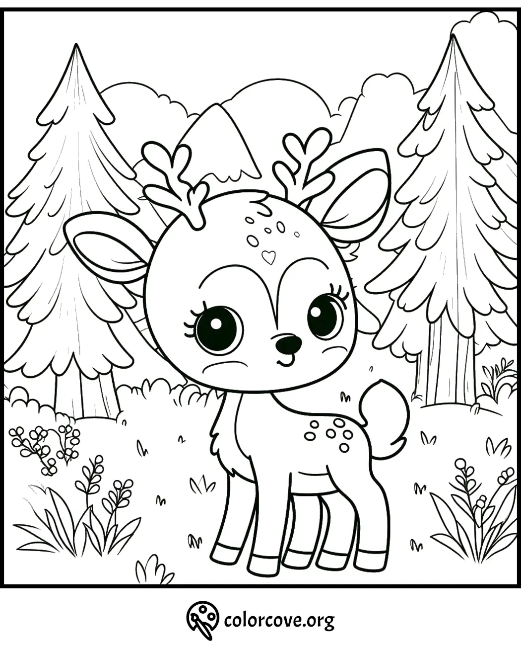 Cute baby deer coloring page for kids, featuring a forest background with trees and plants for coloring fun.