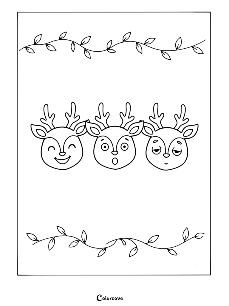 Three cute deer heads with happy, surprised, and sleepy expressions in a coloring page with leaf vine borders.