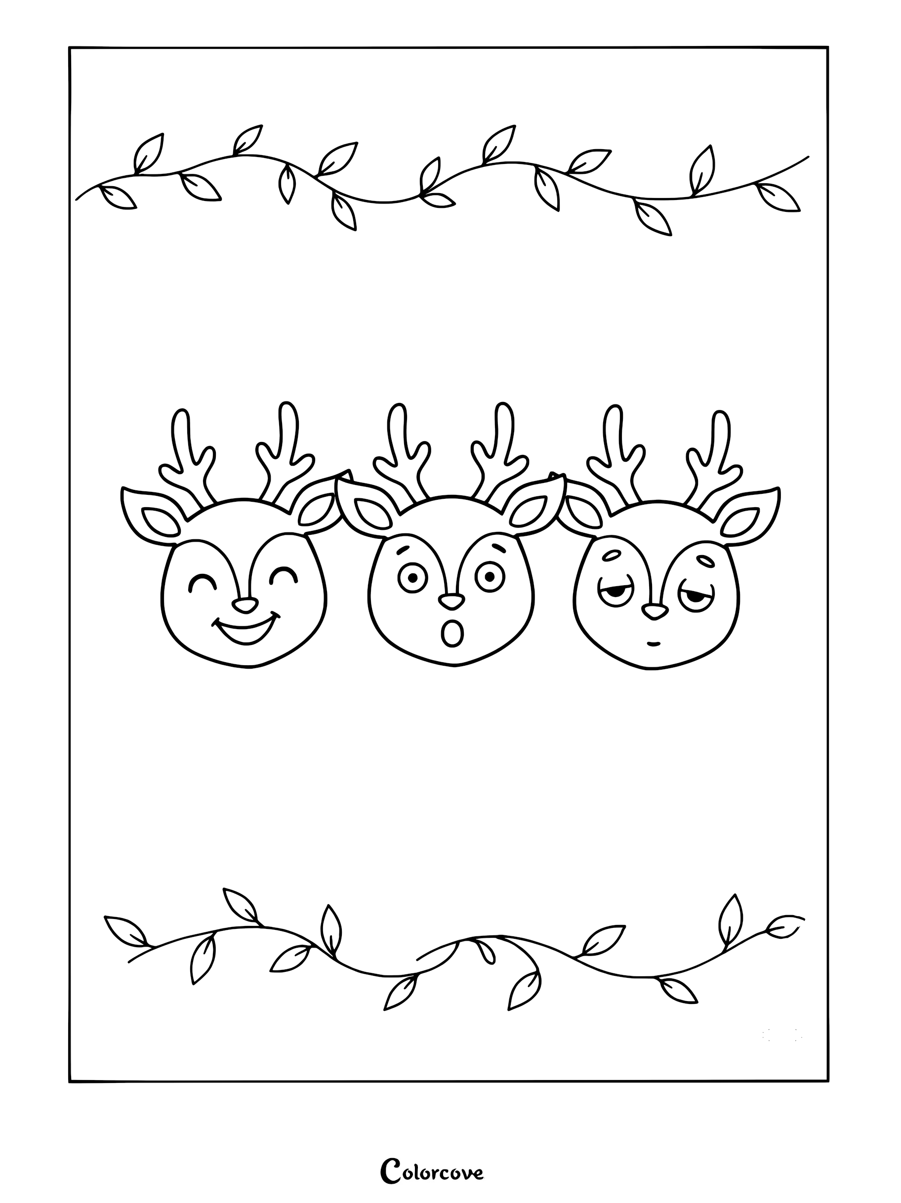 Three cute deer heads with happy, surprised, and sleepy expressions in a coloring page with leaf vine borders.