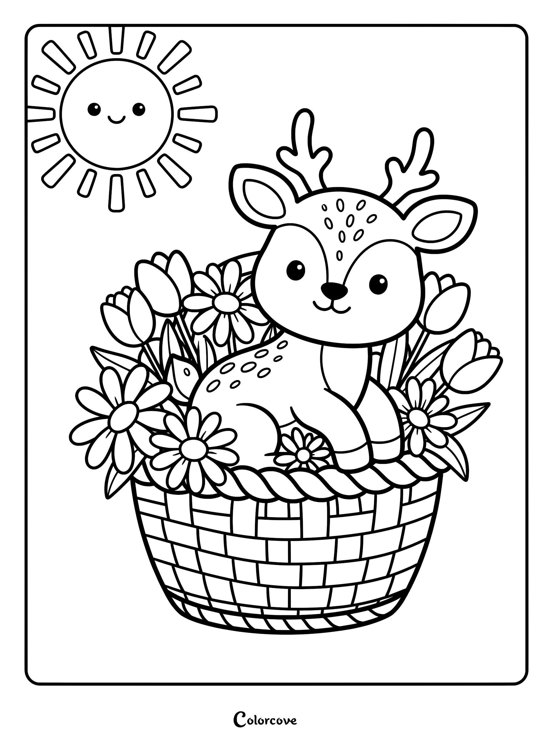A cute deer sitting inside a woven basket filled with tulips and daisies under a smiling sun coloring page.