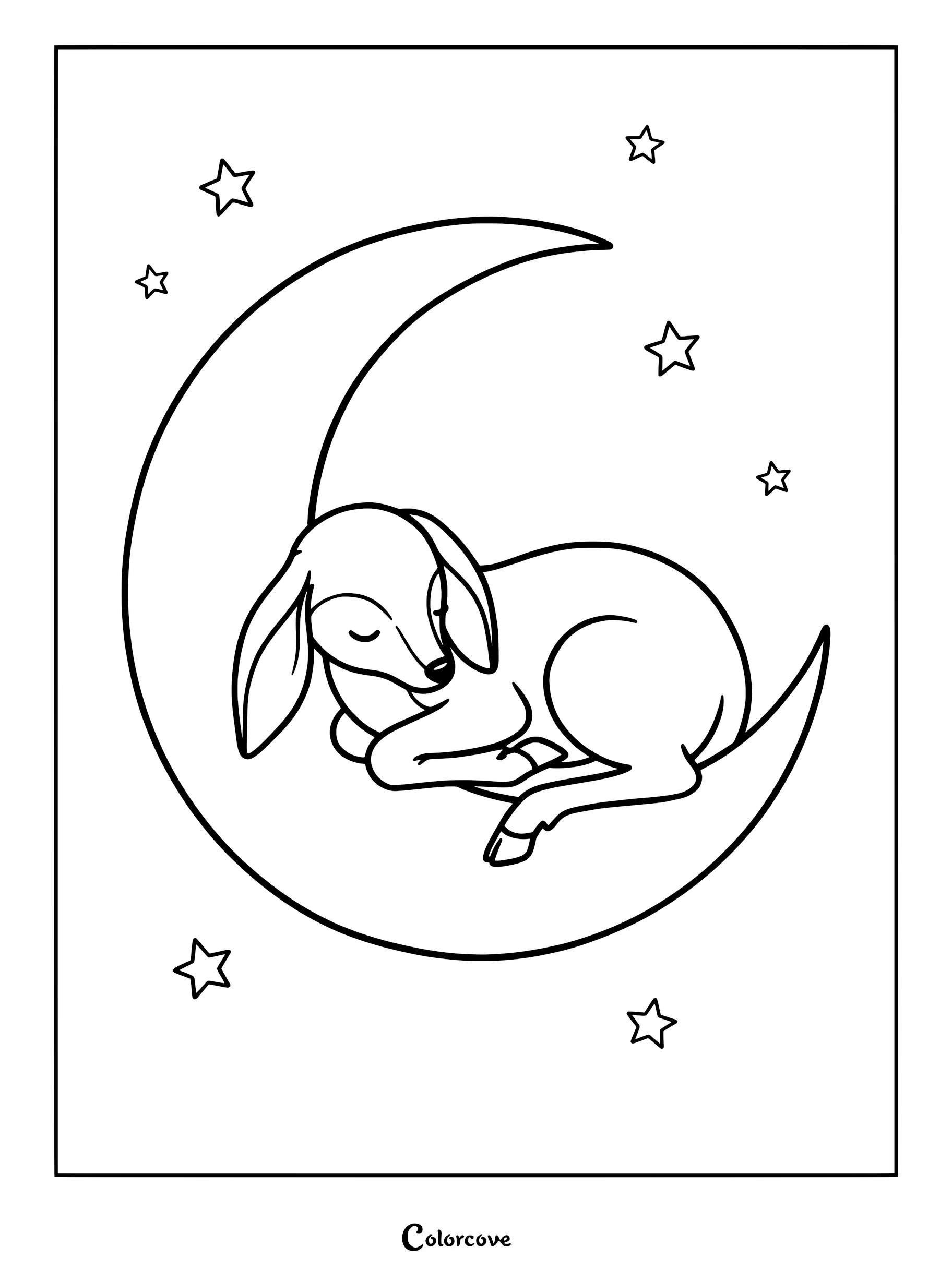 A cute deer sleeping peacefully on a crescent moon surrounded by stars in this printable coloring page.