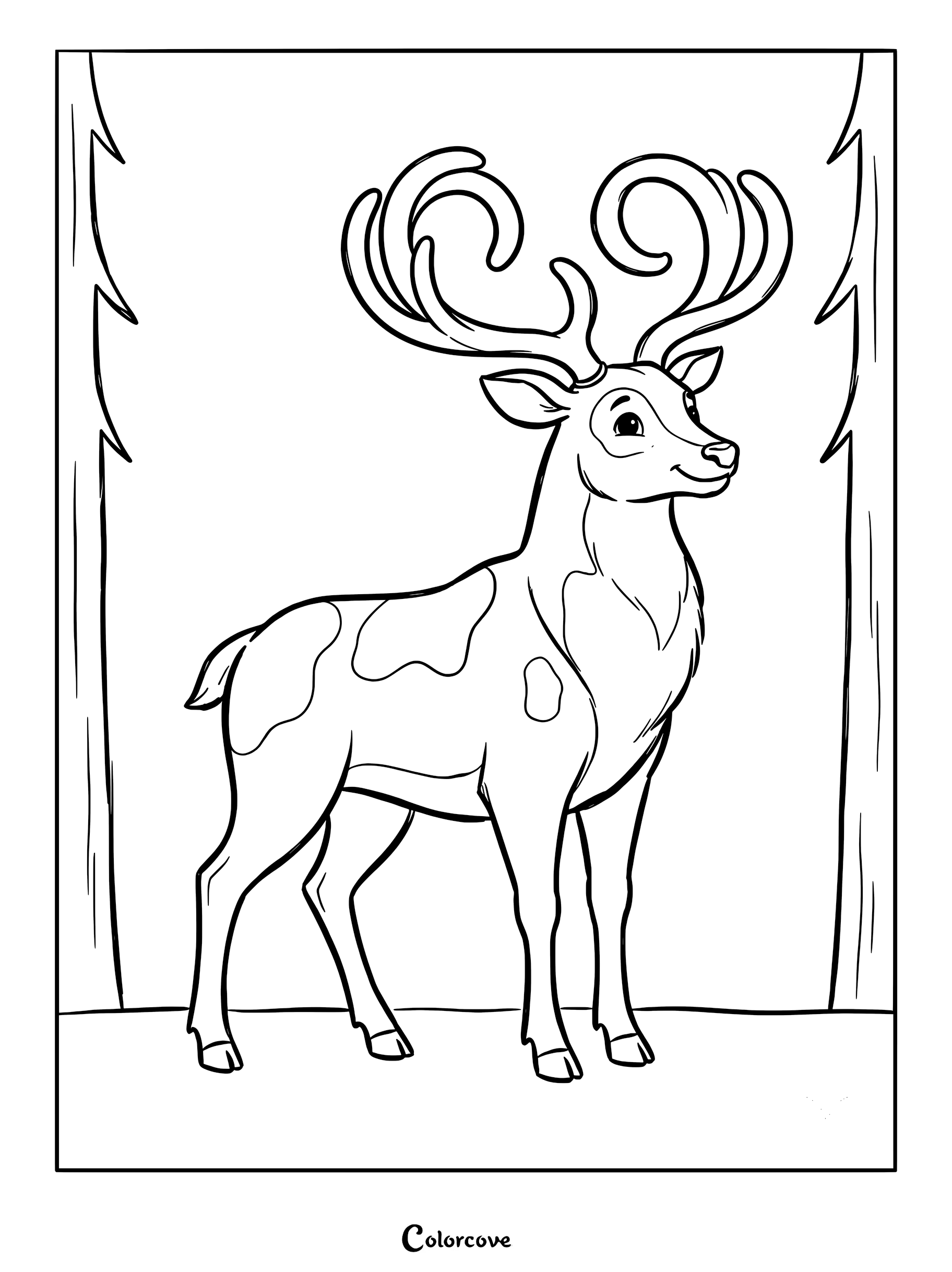 A cute deer with large, swirling antlers standing in a forest, featured in a printable coloring page.