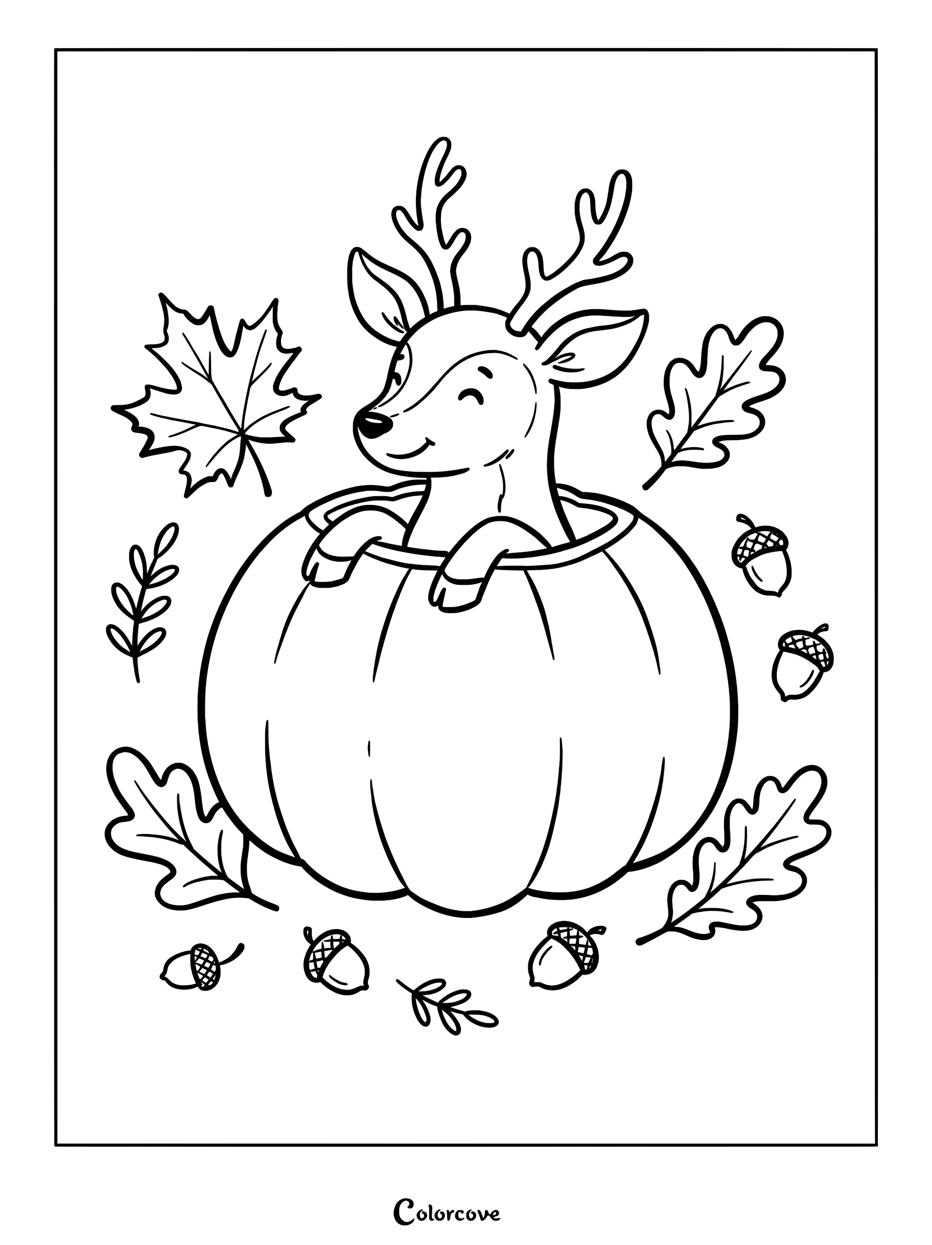 A cute deer with small antlers sitting inside a large pumpkin surrounded by autumn leaves and acorns in this printable coloring page.
