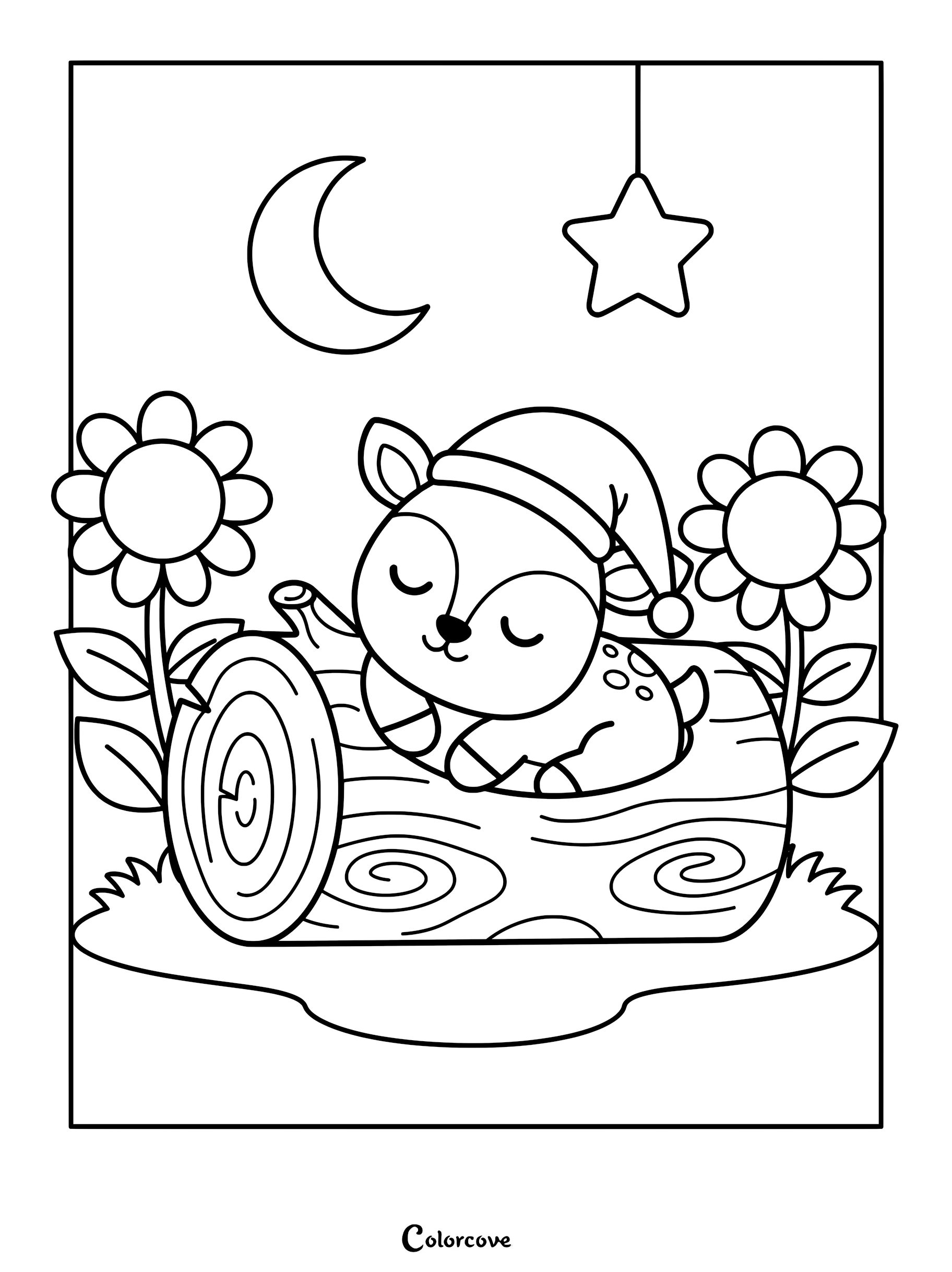 A cute deer wearing a nightcap sleeping on a log under a moon and star, coloring page style.