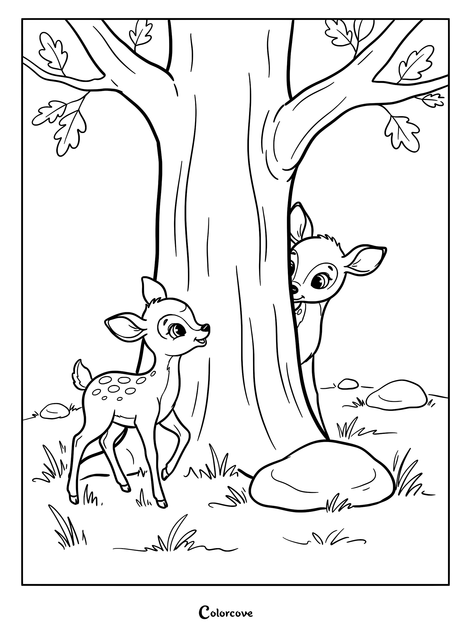 Two cute deer playing hide and seek behind a large oak tree in this printable coloring page.