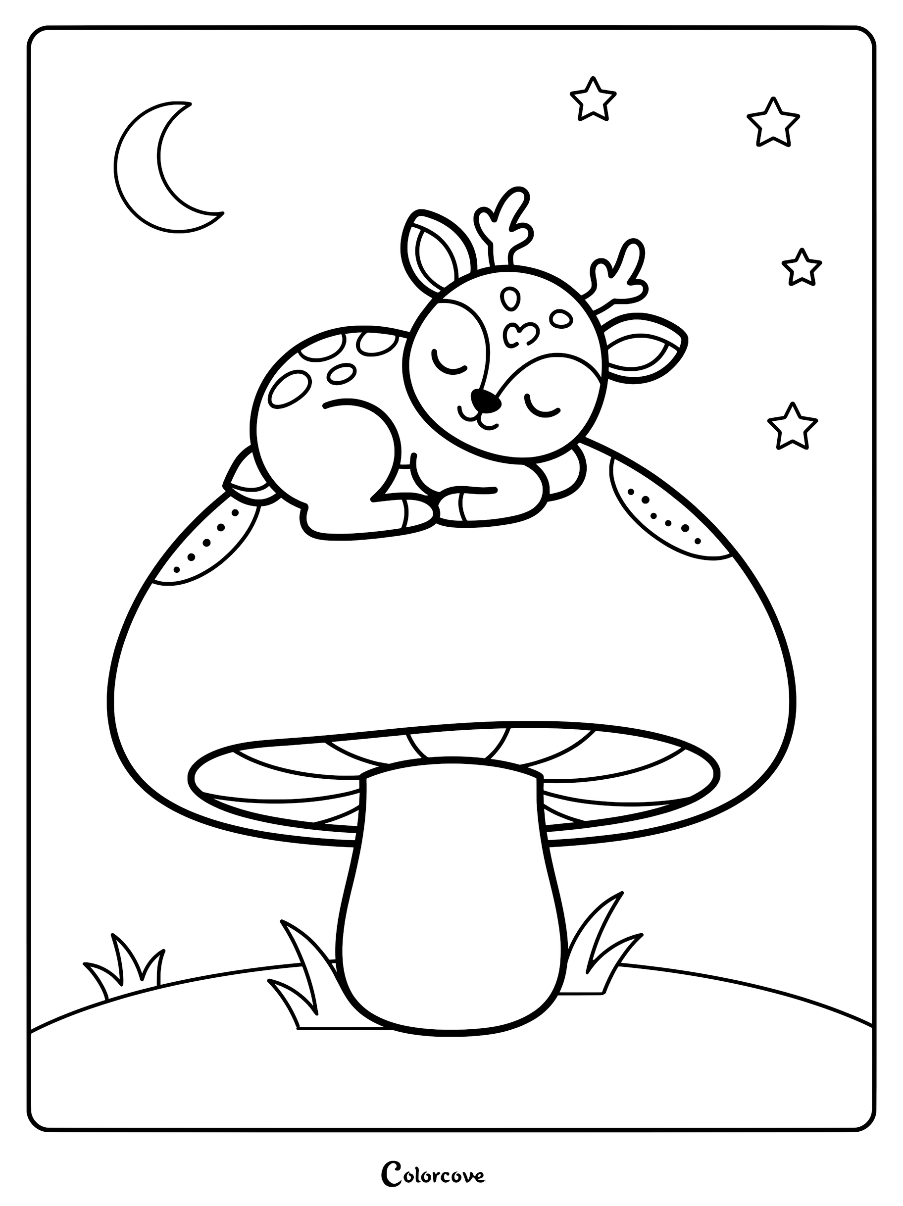 A cute deer sleeping on top of a large mushroom under a crescent moon and stars in this printable coloring page.