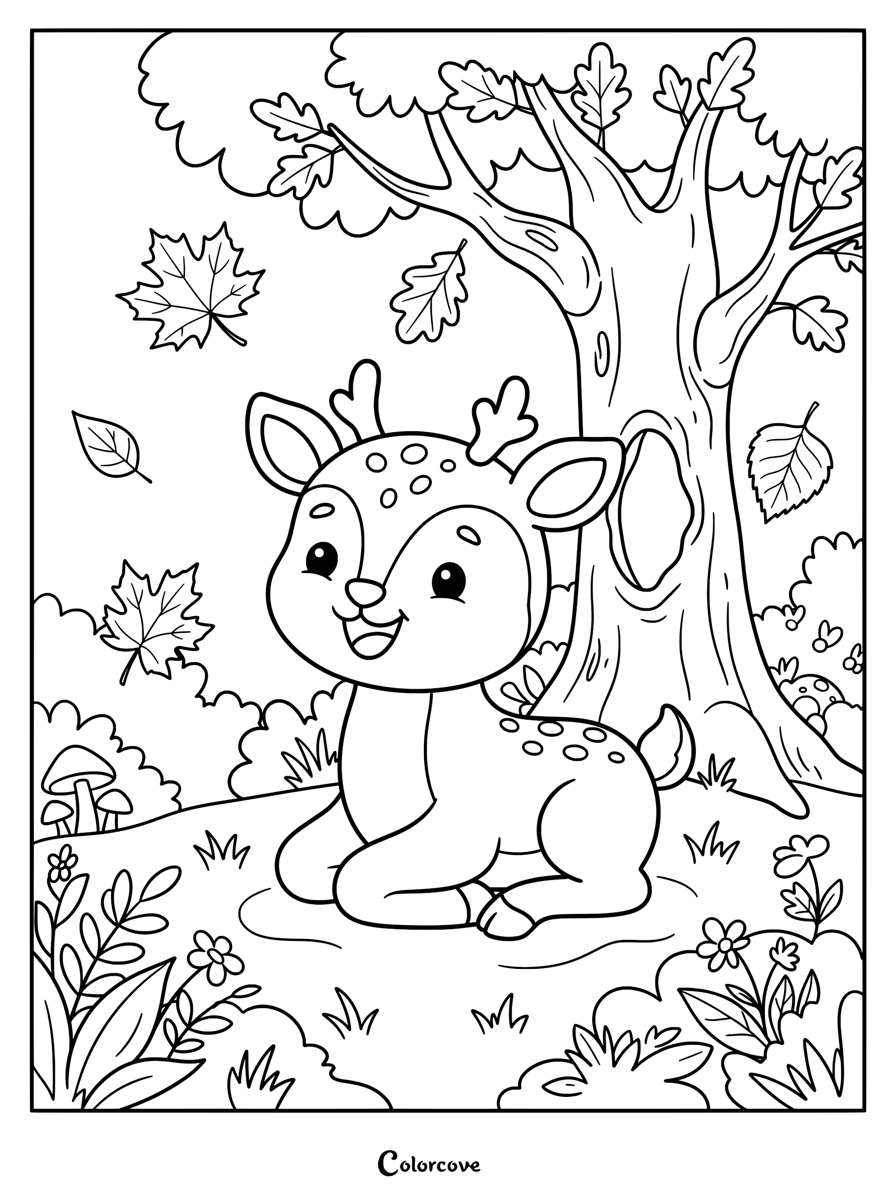 Cute deer sitting under a large tree with falling autumn leaves in this printable coloring page.
