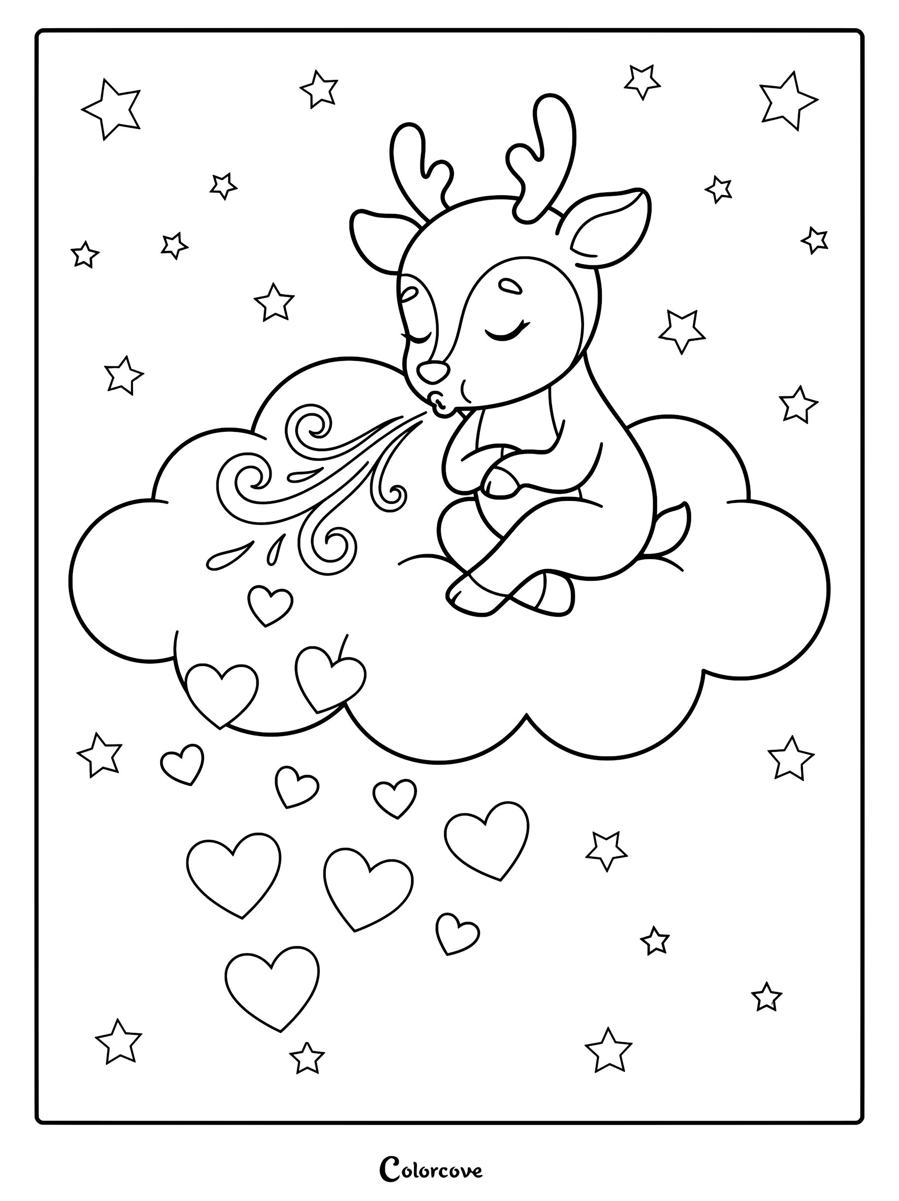 A cute deer sitting on a cloud blowing hearts, featured in a printable coloring page with stars in the background.