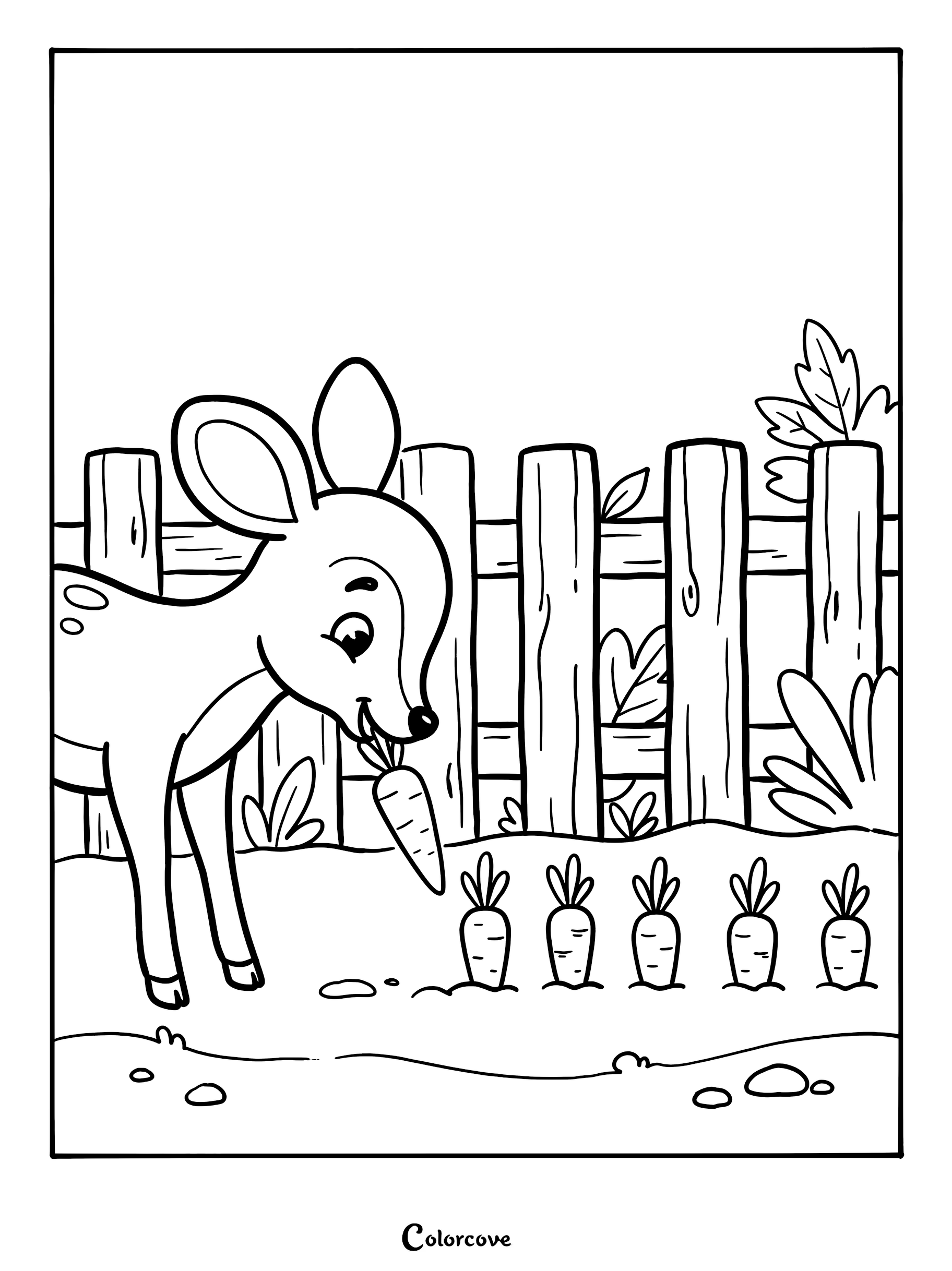 A cute deer standing in a garden eating a carrot in this printable coloring page with a wooden fence background.