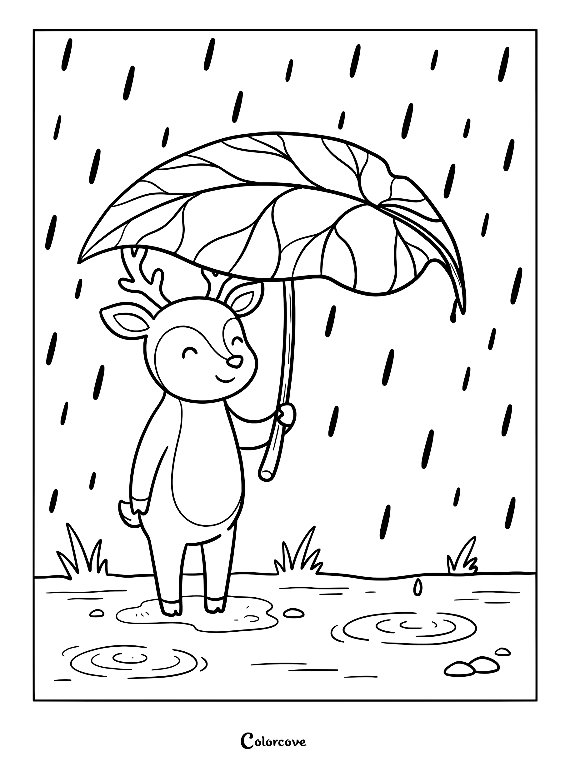 A cute deer standing in a puddle holding a large leaf as an umbrella during a rainstorm, printable coloring page.