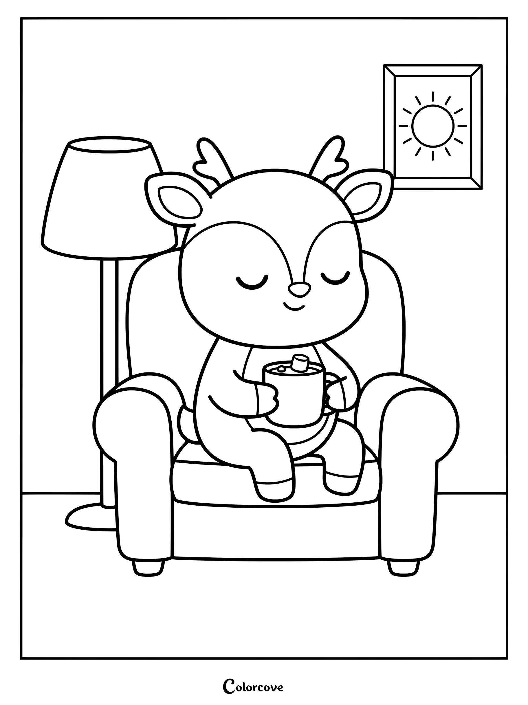 A cute deer sitting in an armchair holding a mug of hot cocoa with marshmallows, coloring page style line art.