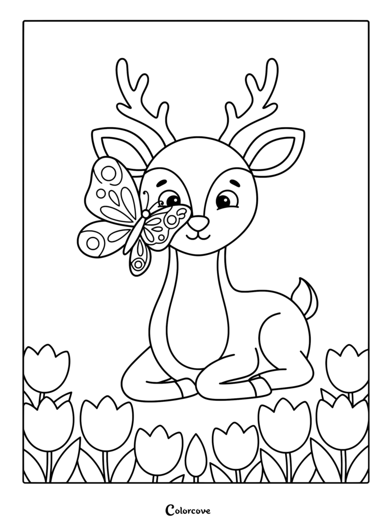 A cute deer sitting in a tulip garden with a butterfly on its nose in this printable coloring page.