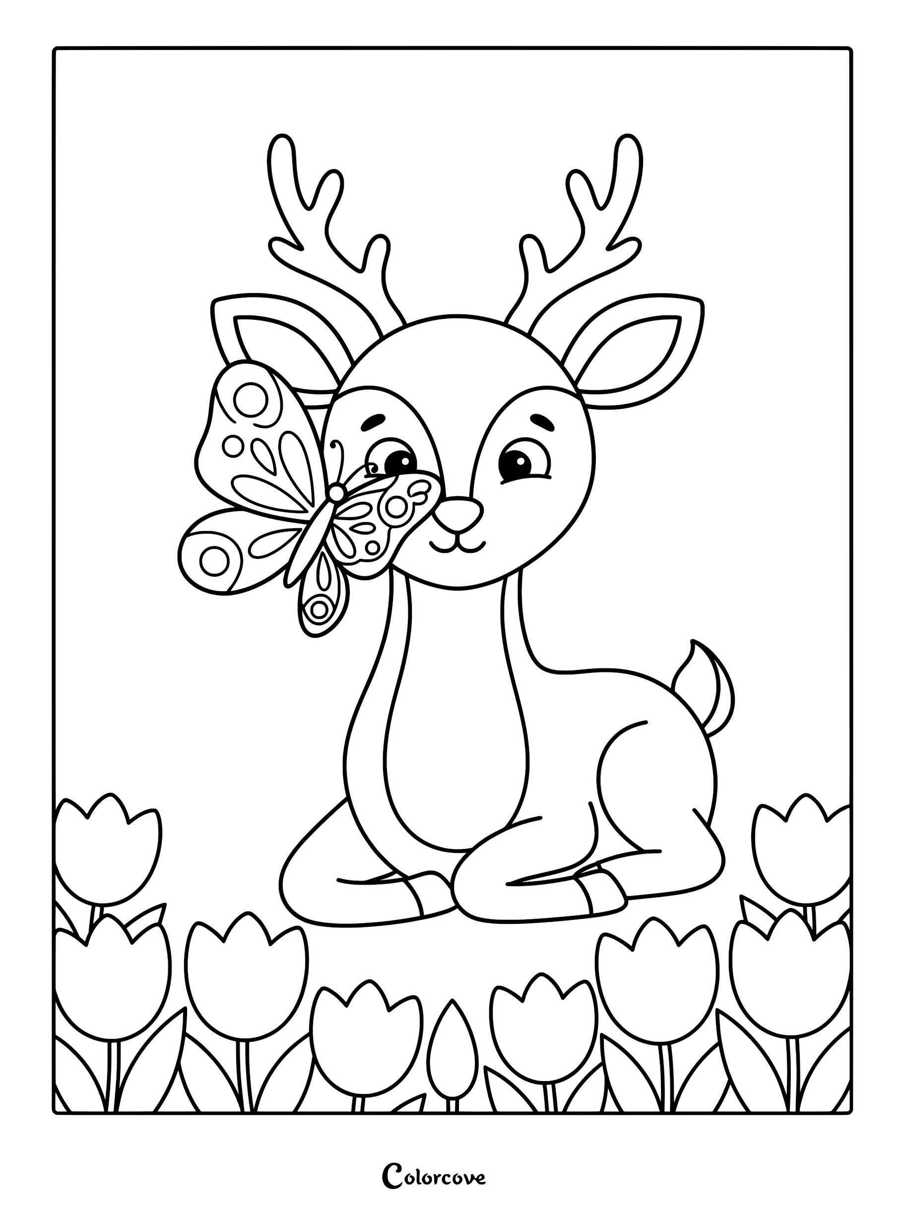 A cute deer sitting in a tulip garden with a butterfly on its nose in this printable coloring page.