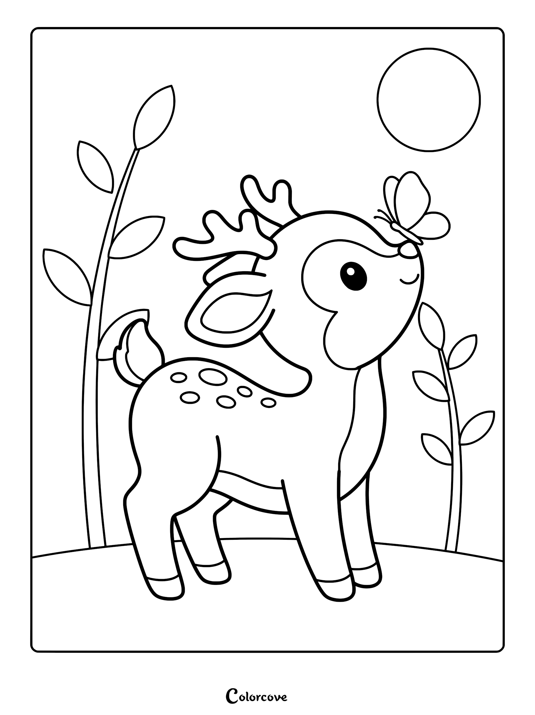A cute deer with small antlers standing in a meadow with a butterfly on its nose, coloring page style line art.