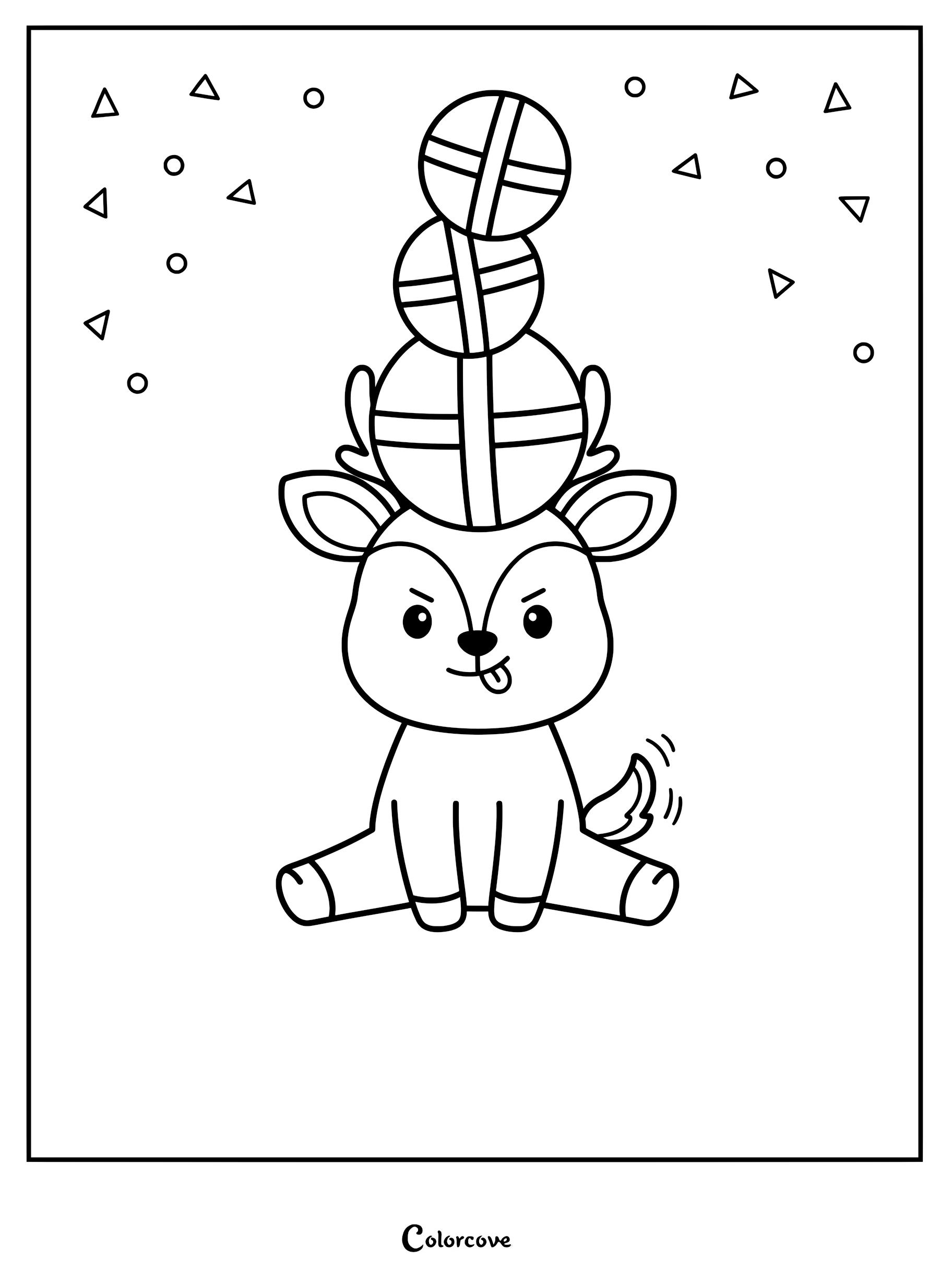 Cute deer with tongue out balancing a stack of three round gifts on its head in this printable coloring page.