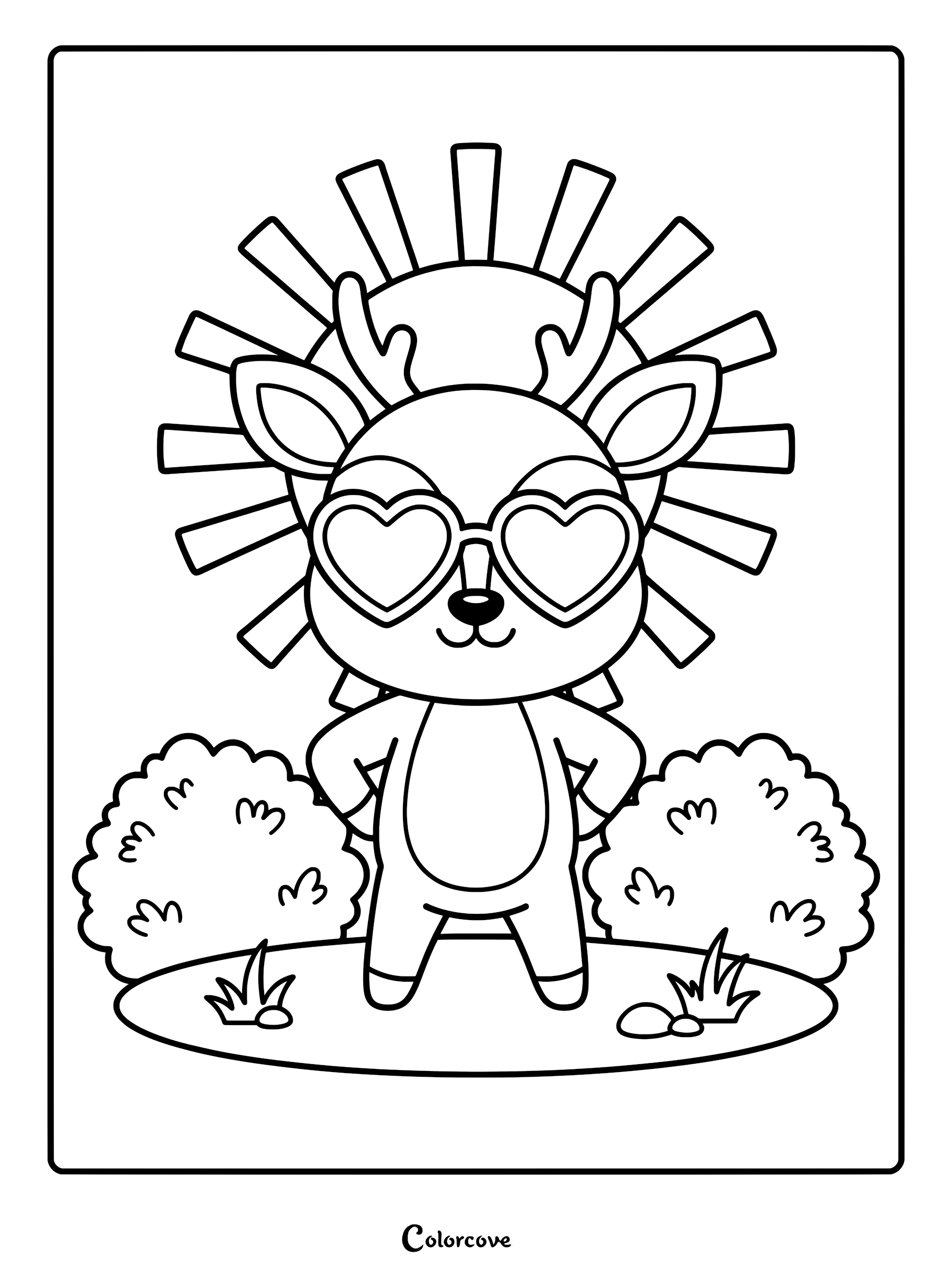 A cute deer wearing heart-shaped sunglasses standing in front of a sun icon, featured on a printable coloring page.