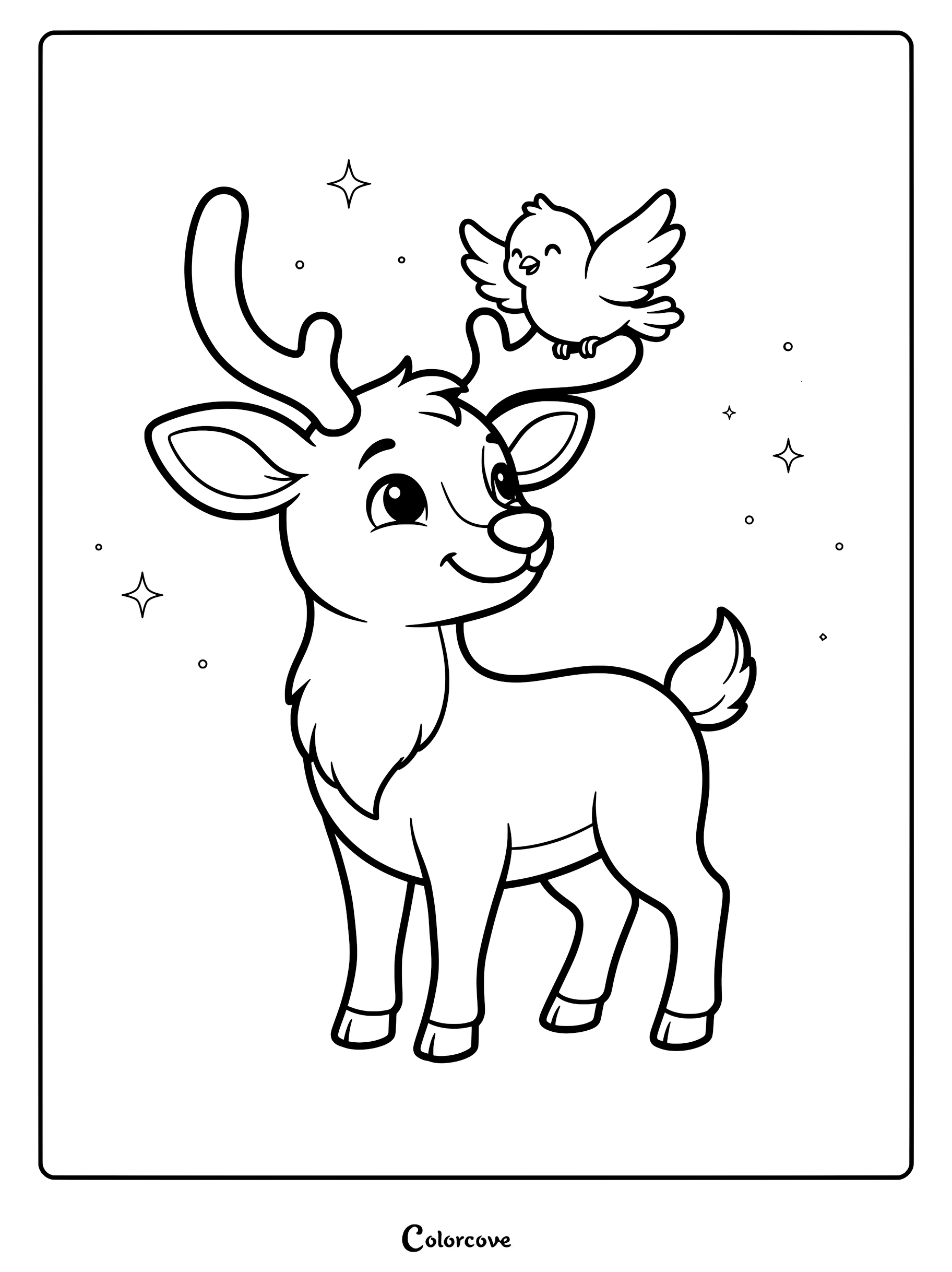 A cute deer with a small bird perched on its antlers in this printable coloring page featuring sparkling stars.