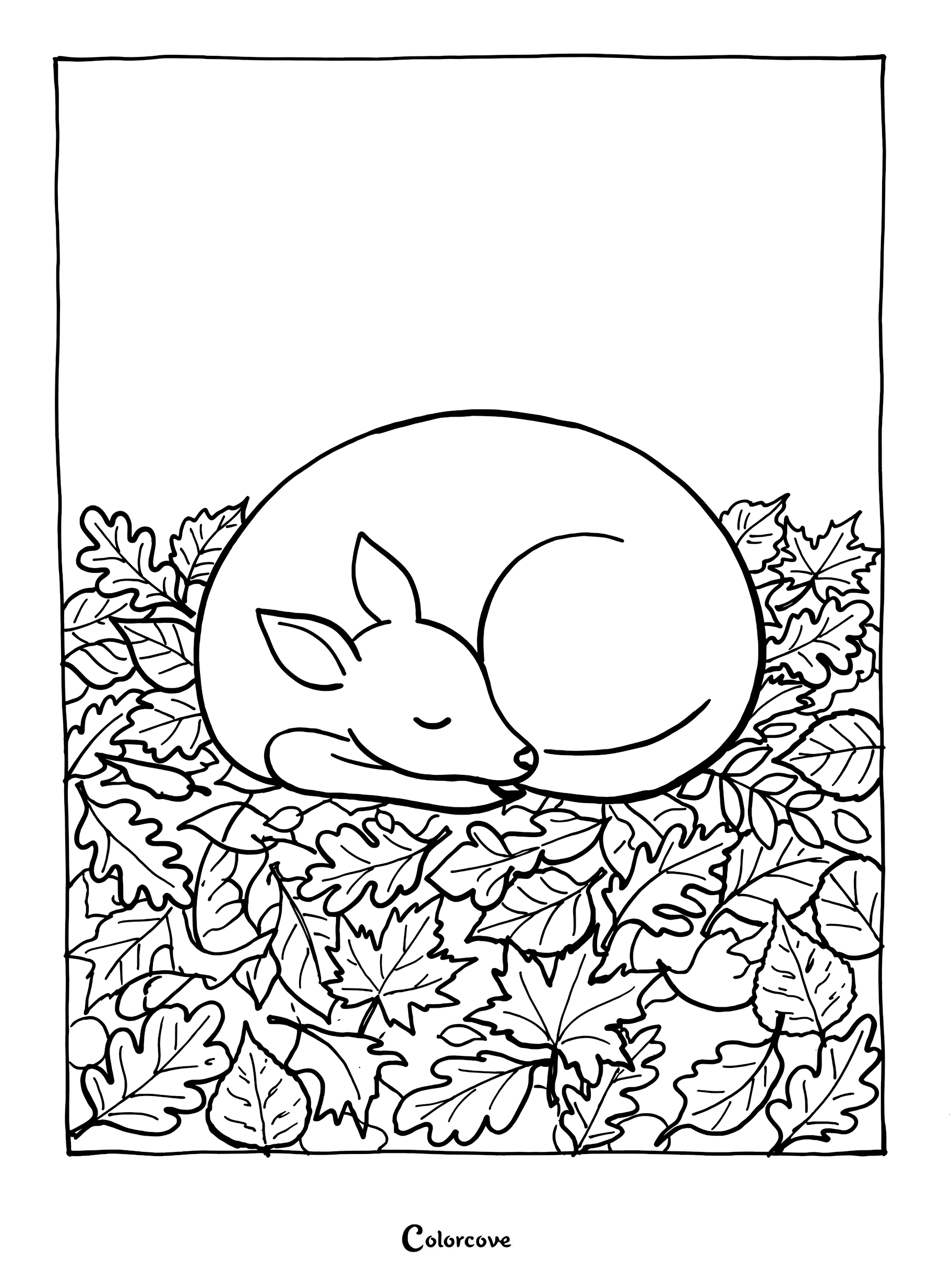 A cute deer curled up asleep on a bed of fallen oak and maple leaves in this printable coloring page.