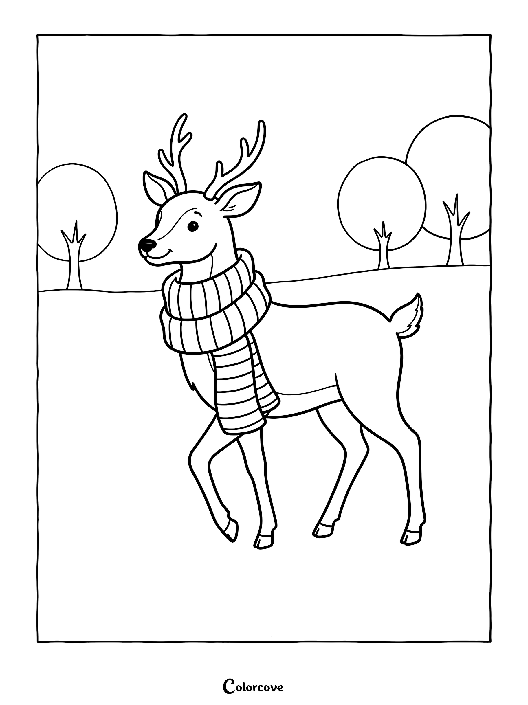 A cute deer wearing a striped scarf standing in a forest, printable coloring page.