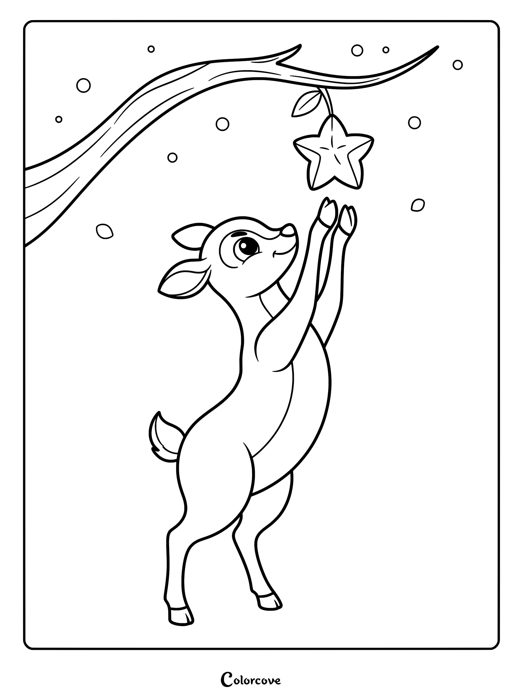 A cute deer standing on hind legs to reach a hanging star on this printable coloring page.
