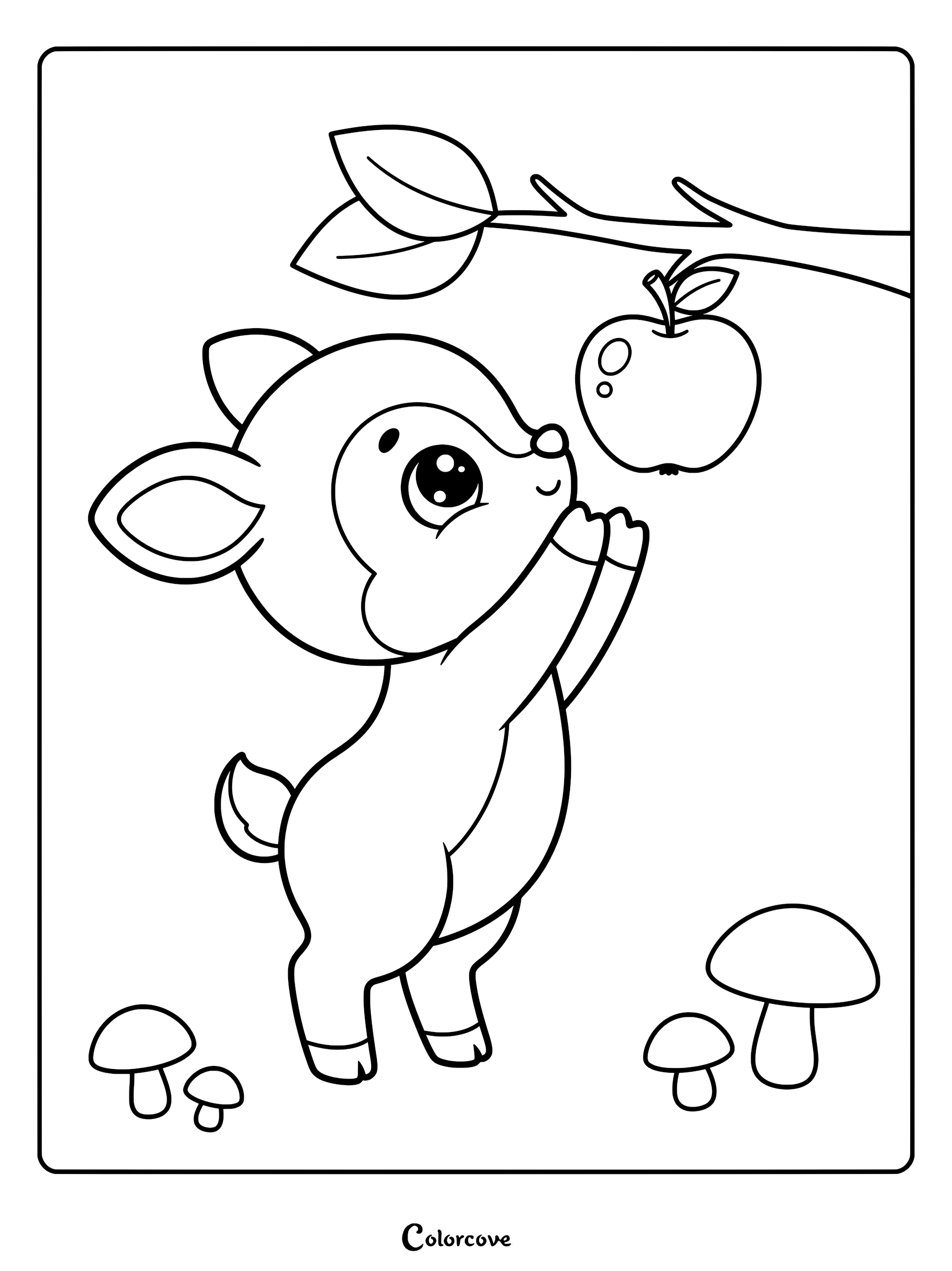 A cute deer standing on hind legs reaching for an apple hanging from a tree branch in this printable coloring page with mushrooms on the ground.