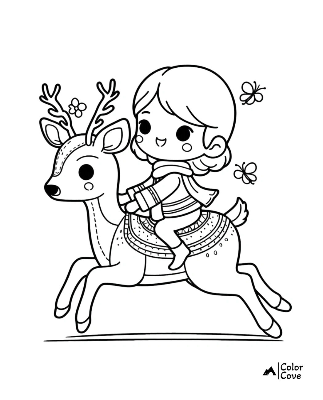 Child coloring page of a happy child riding a reindeer with two butterflies, ideal for holiday-themed creativity from Color Cove.