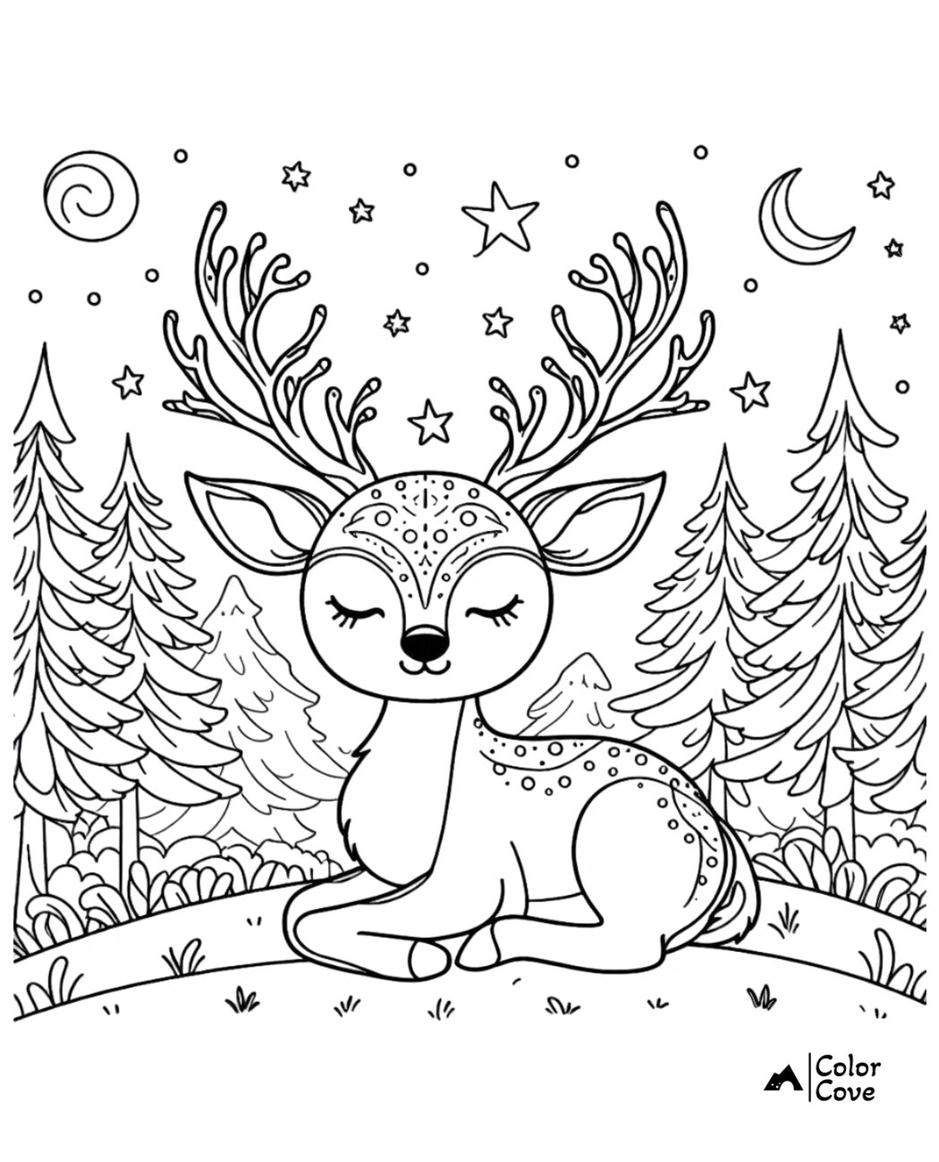 Cute baby deer coloring page with antlers, stars, and a moon in a forest setting. Perfect for kids to color and enjoy!