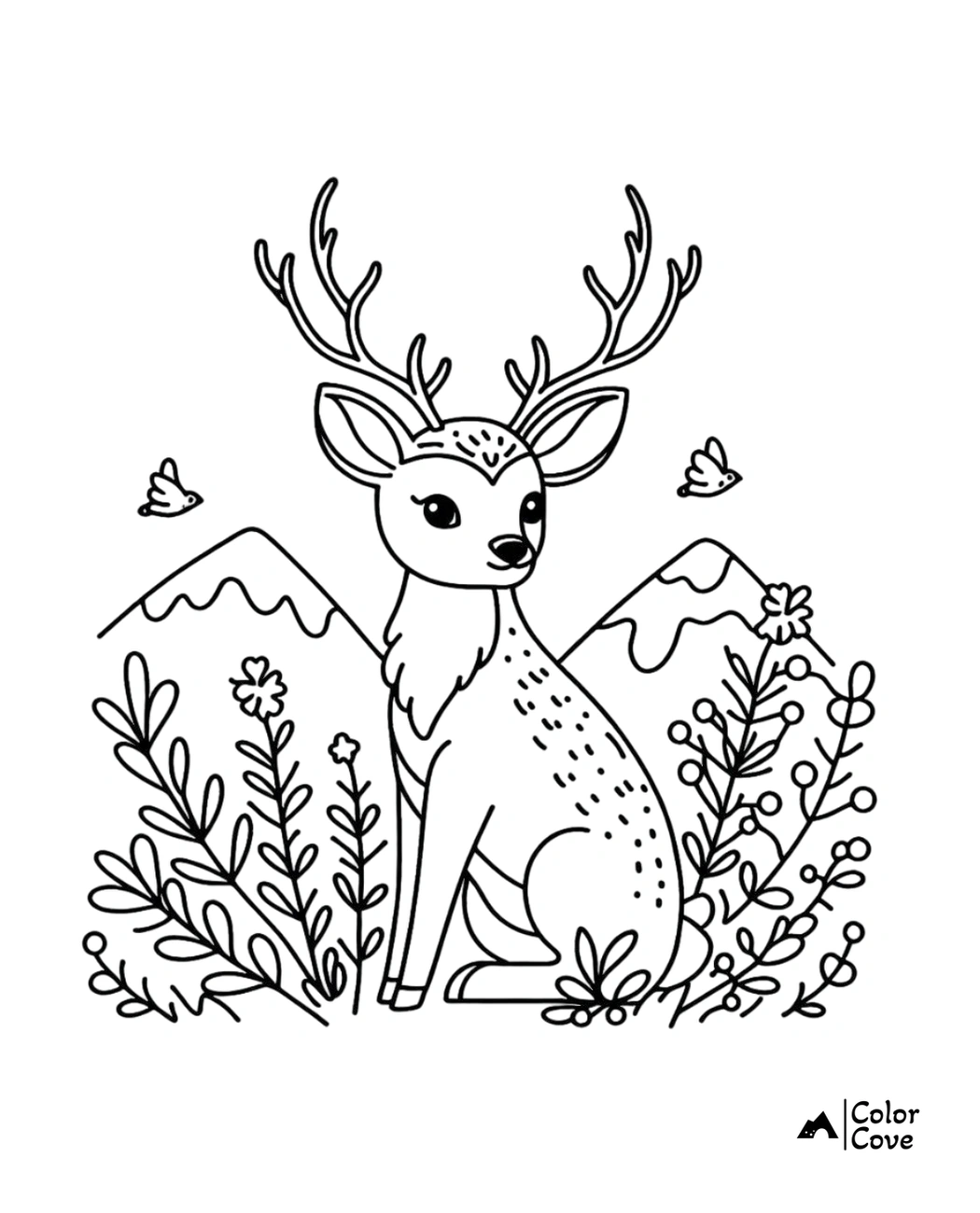 Coloring page of a deer with antlers sitting among flowers and mountains, perfect for kids to color and enjoy.