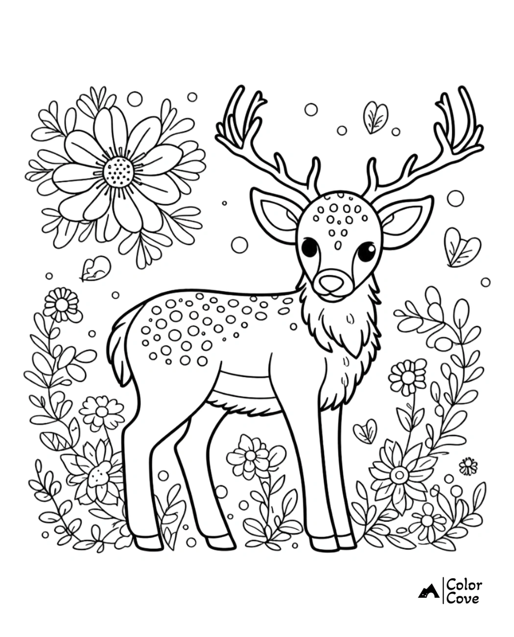 Coloring page of a cute deer surrounded by flowers and leaves, perfect for kids and adults who love nature and animals.