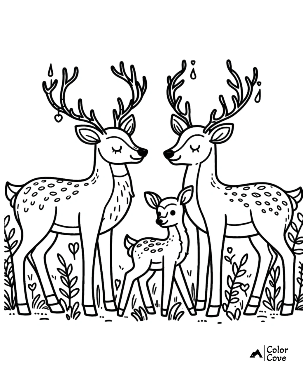 Family of three deer in a forest, featuring intricate antlers and foliage to color. Perfect for nature-themed coloring.