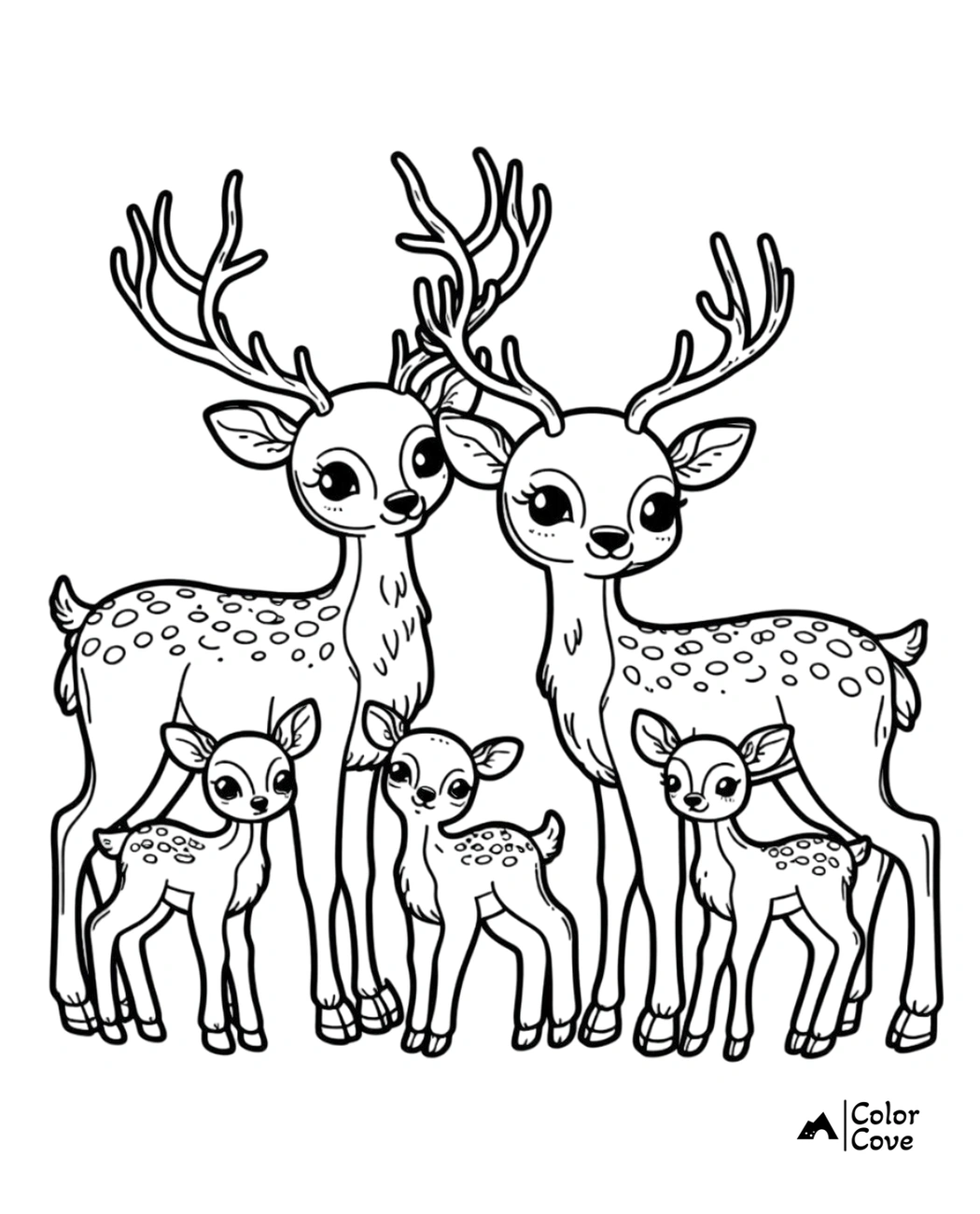 Coloring page featuring a family of deer with antlers and fawns, perfect for kids to color and enjoy.