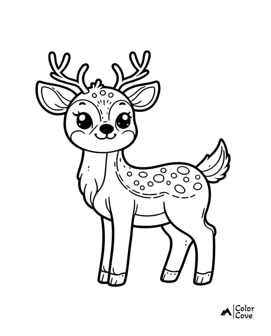 Cute deer coloring page for kids, featuring an adorable deer with antlers and spots. Perfect for fun, creative coloring!