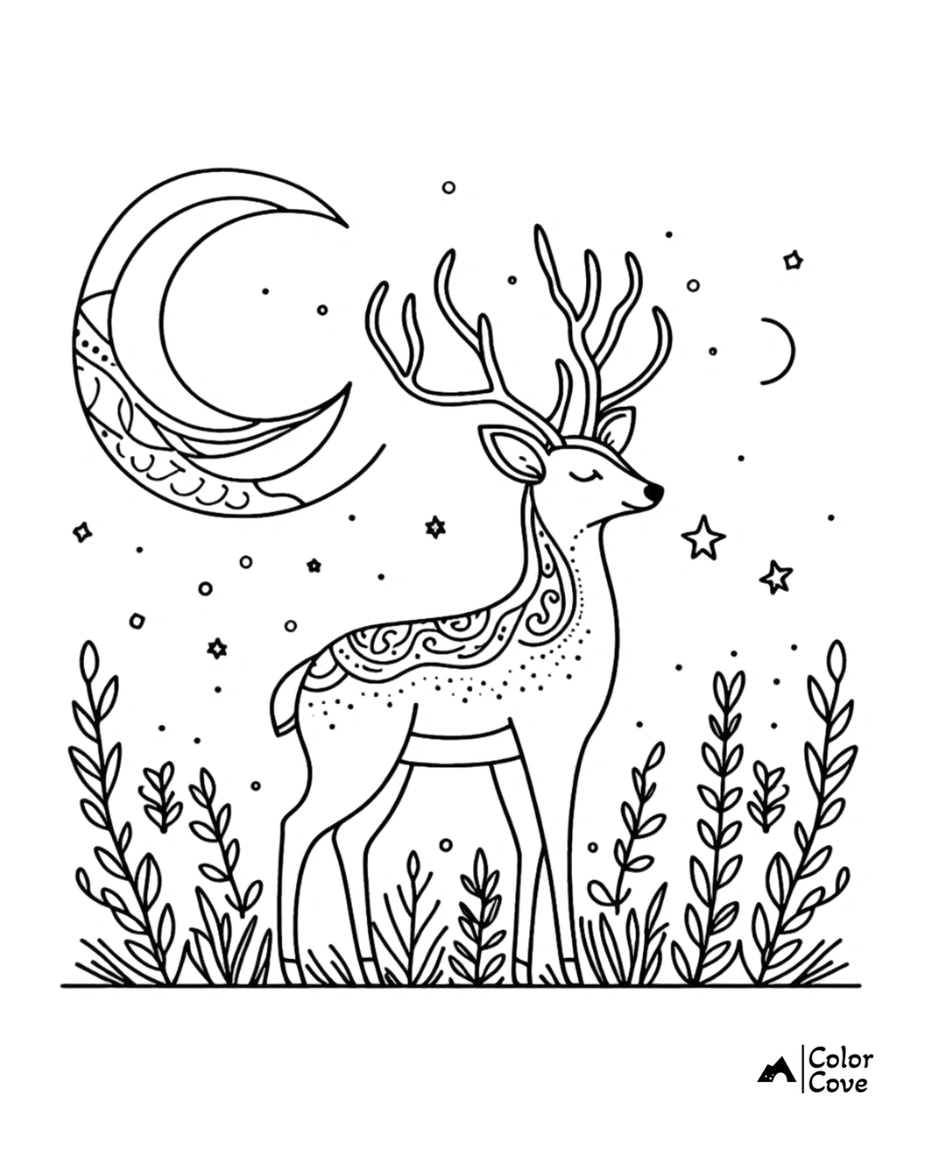 Coloring page of a peaceful deer with antlers in a starry night, featuring a decorative moon and patterned foliage design.