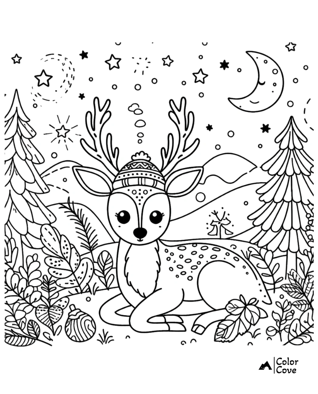 Cute deer with antlers in a Christmas hat, surrounded by trees and stars, nighttime winter forest coloring page.