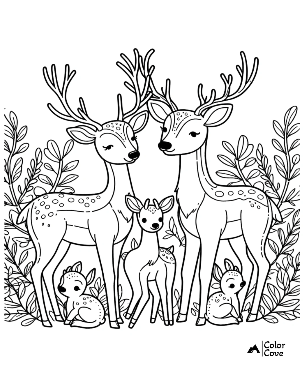 Deer family coloring page with two adults and three fawns amidst leafy bushes, perfect for kids and nature enthusiasts.